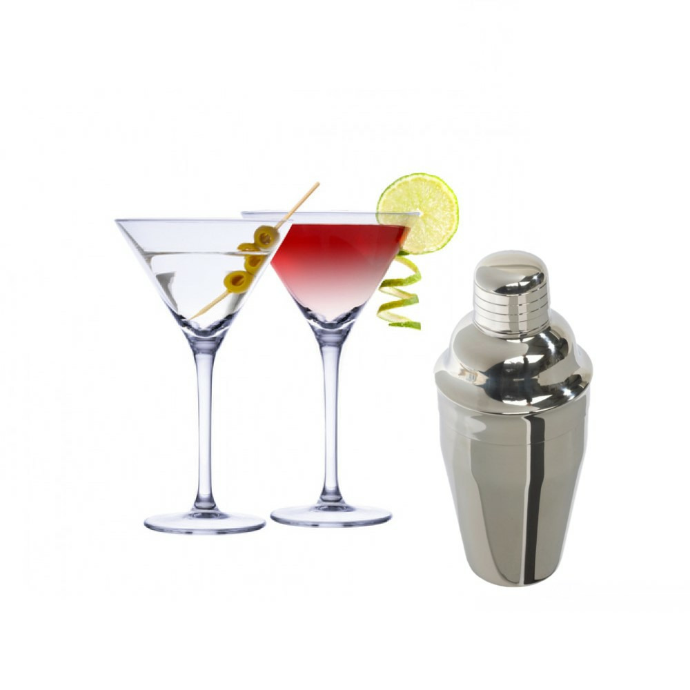 Set van 4x Martini cocktailglazen met luxe cocktailshaker RVS