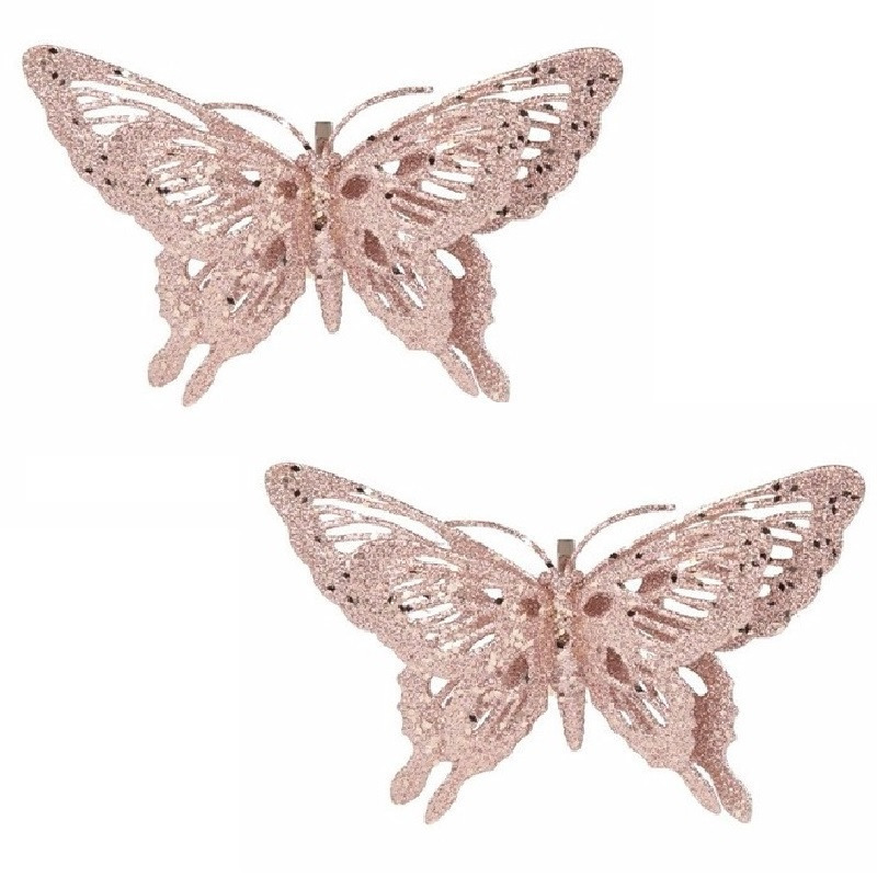 Set van 4x stuks kerst decoratie vlinders roze 15 x 11 cm