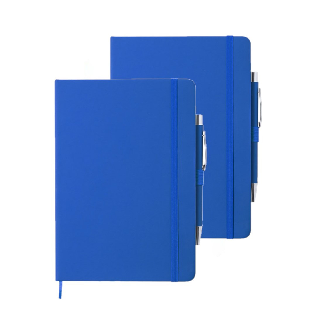 Set van 4x stuks luxe notitieboekje gelinieerd blauw met elastiek en pen A5 formaat