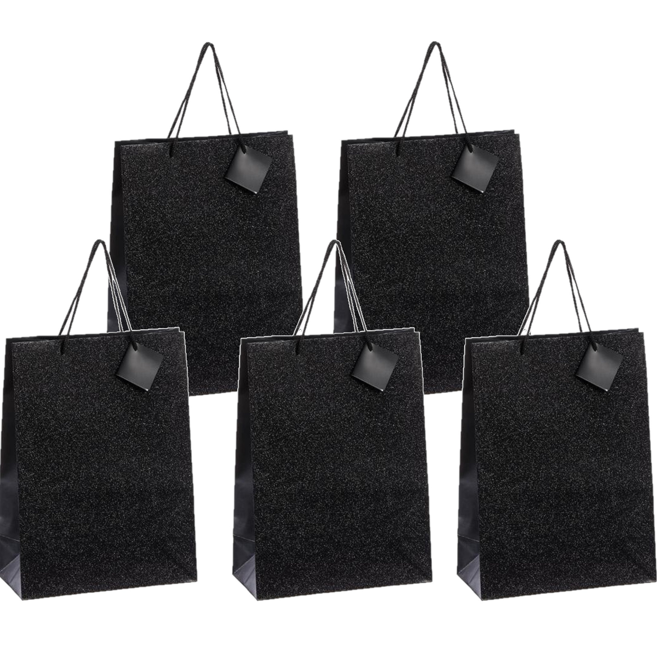Set van 8x stuks luxe papieren giftbags/cadeau tasjes zwart met glitters 25 x 33 x 12 cm -