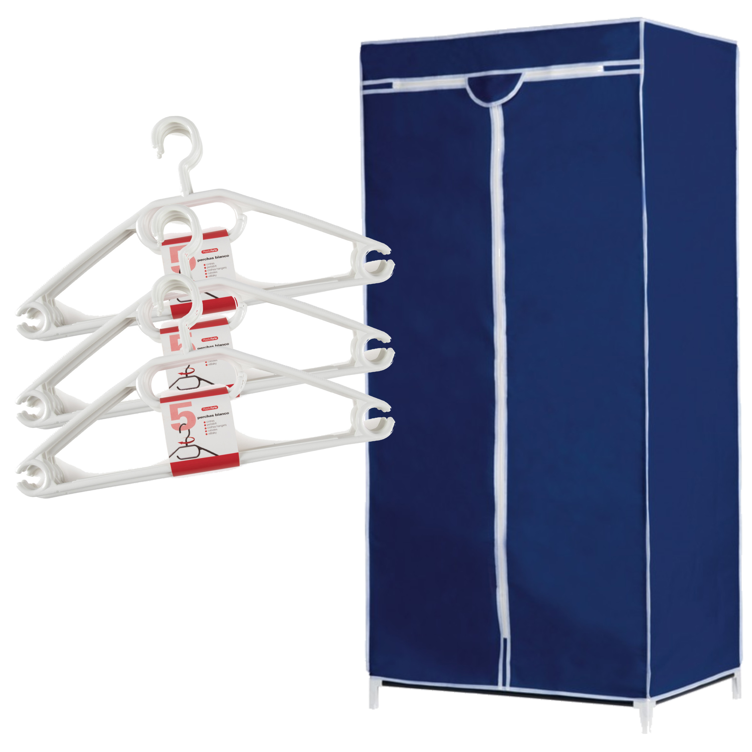 Set van mobiele opvouwbare kledingkast met blauwe hoes 160 cm en 15x plastic kledinghangers wit -
