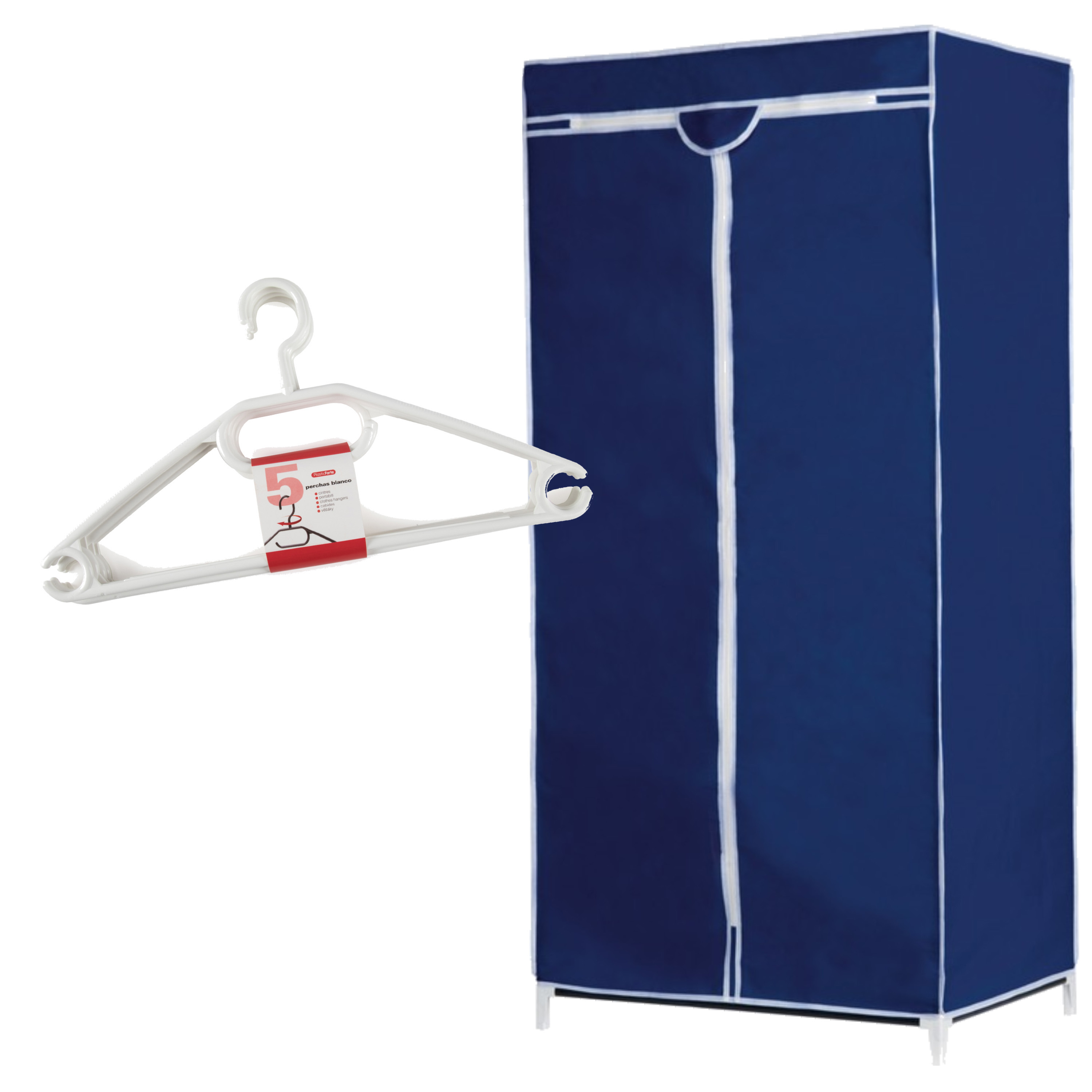 Set van mobiele opvouwbare kledingkast met blauwe hoes 160 cm en 5x plastic kledinghangers wit -