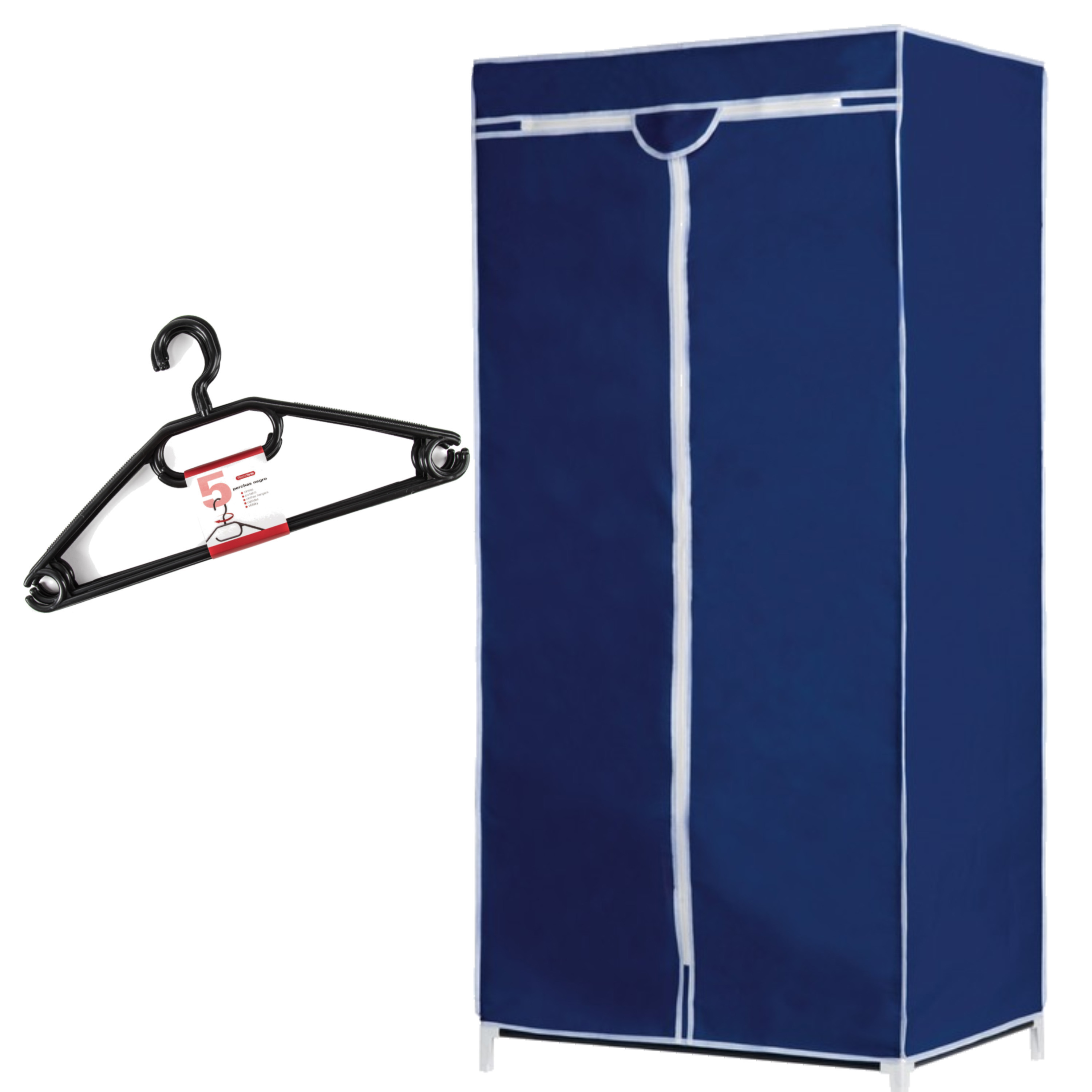 Set van mobiele opvouwbare kledingkast met blauwe hoes 160 cm en 5x plastic kledinghangers zwart