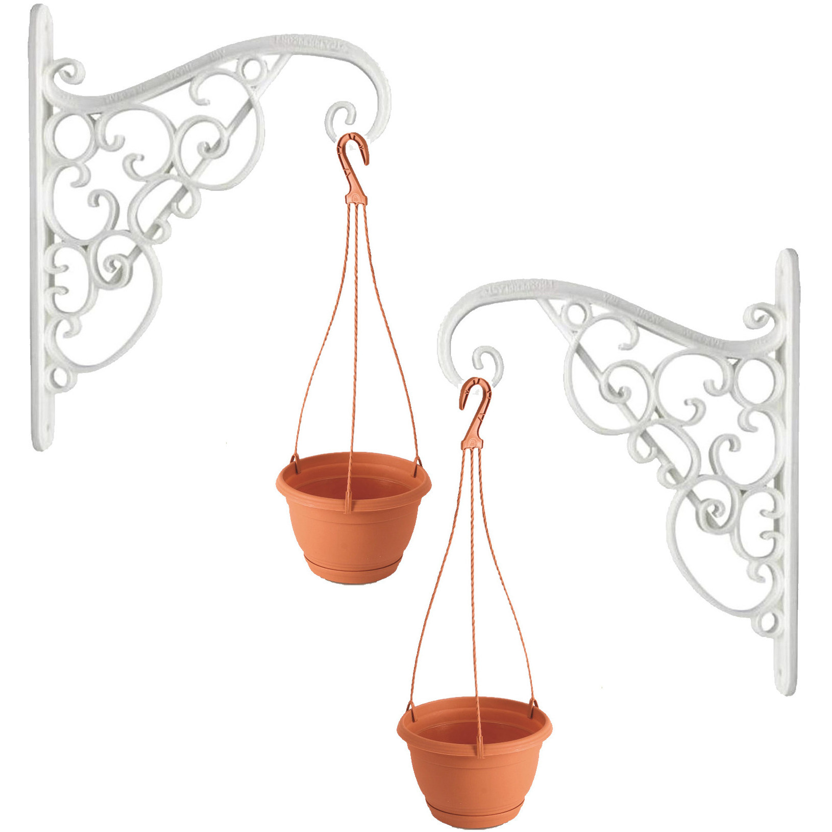Set van twee witte sierlijke bloempothangers inclusief hangende terracotta bloempotten 1,2 liter