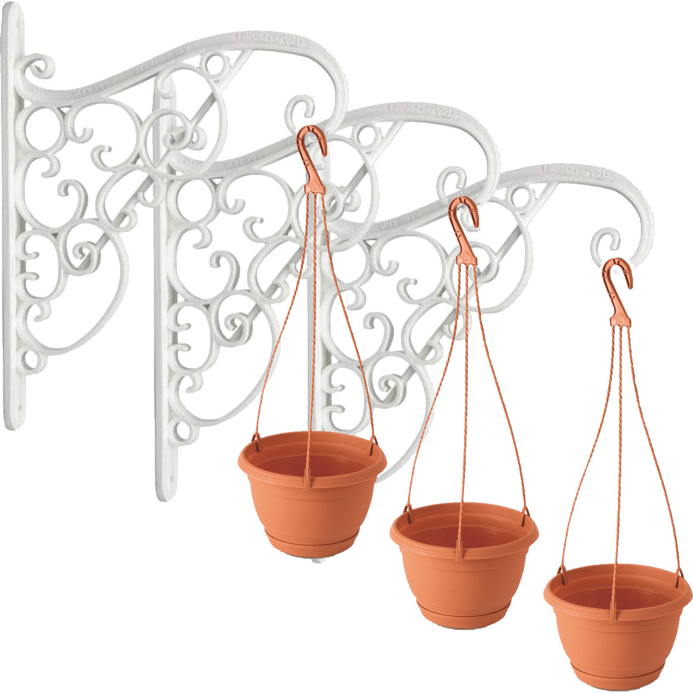 Set van vier witte sierlijke bloempothangers inclusief hangende terracotta bloempotten 1,2 liter