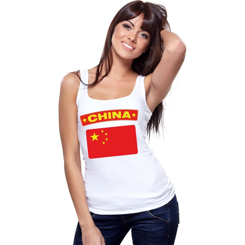 Singlet shirt- tanktop Chinese vlag wit dames