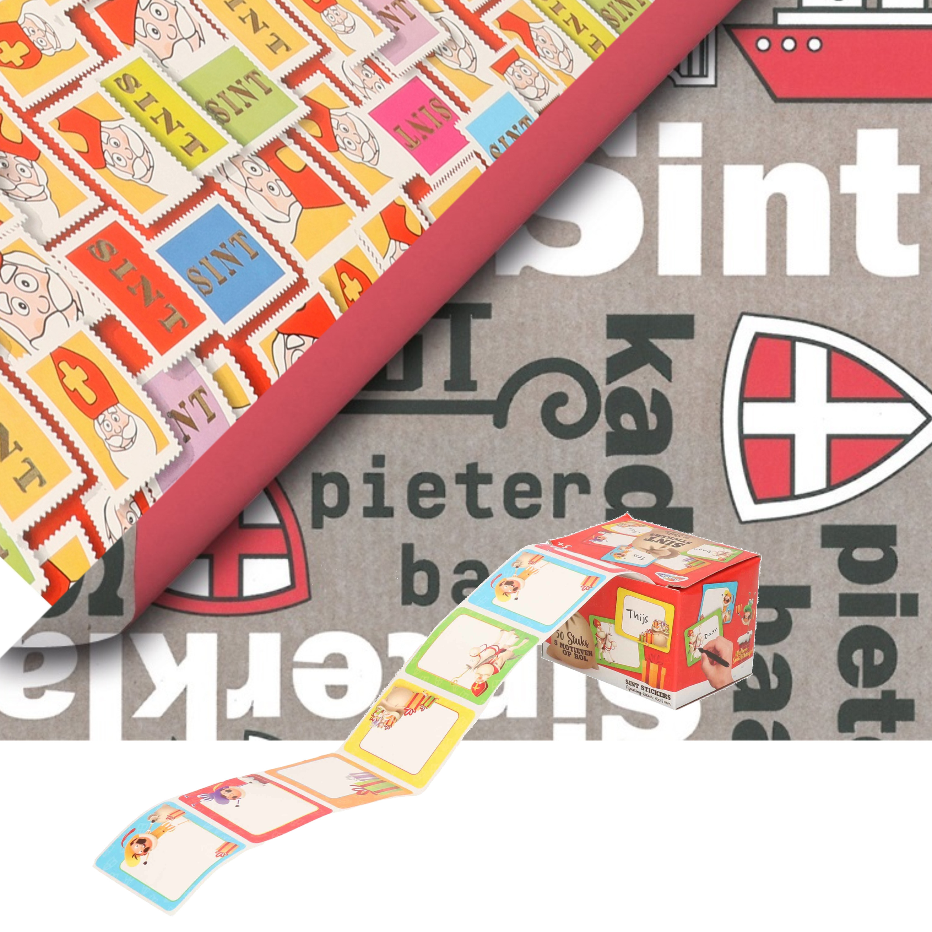 Sinterklaas inpakpapier-cadeaupapier 6x rollen en 50 naam stickers