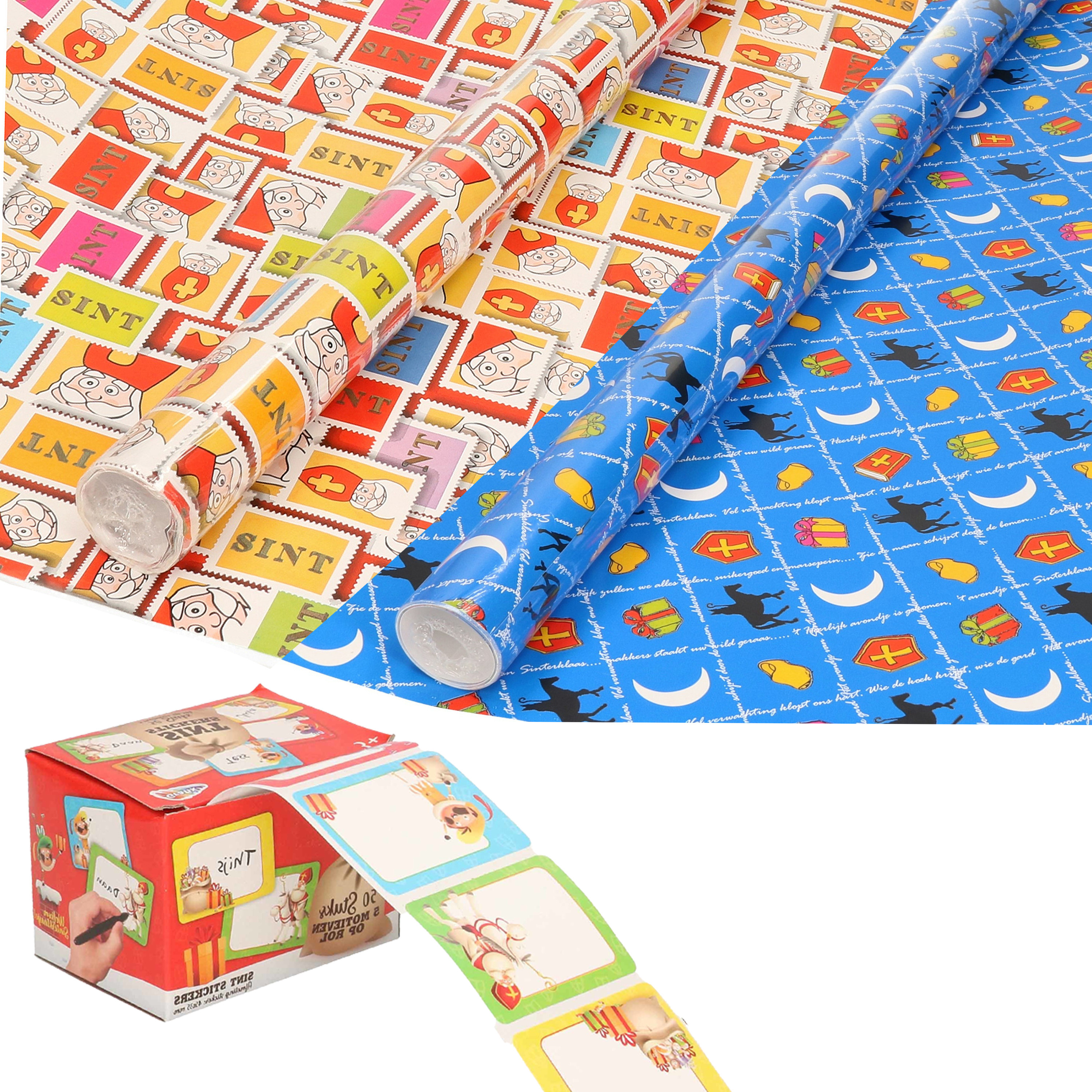 Sinterklaas inpakpapier-cadeaupapier 8x rollen en 50 naam stickers