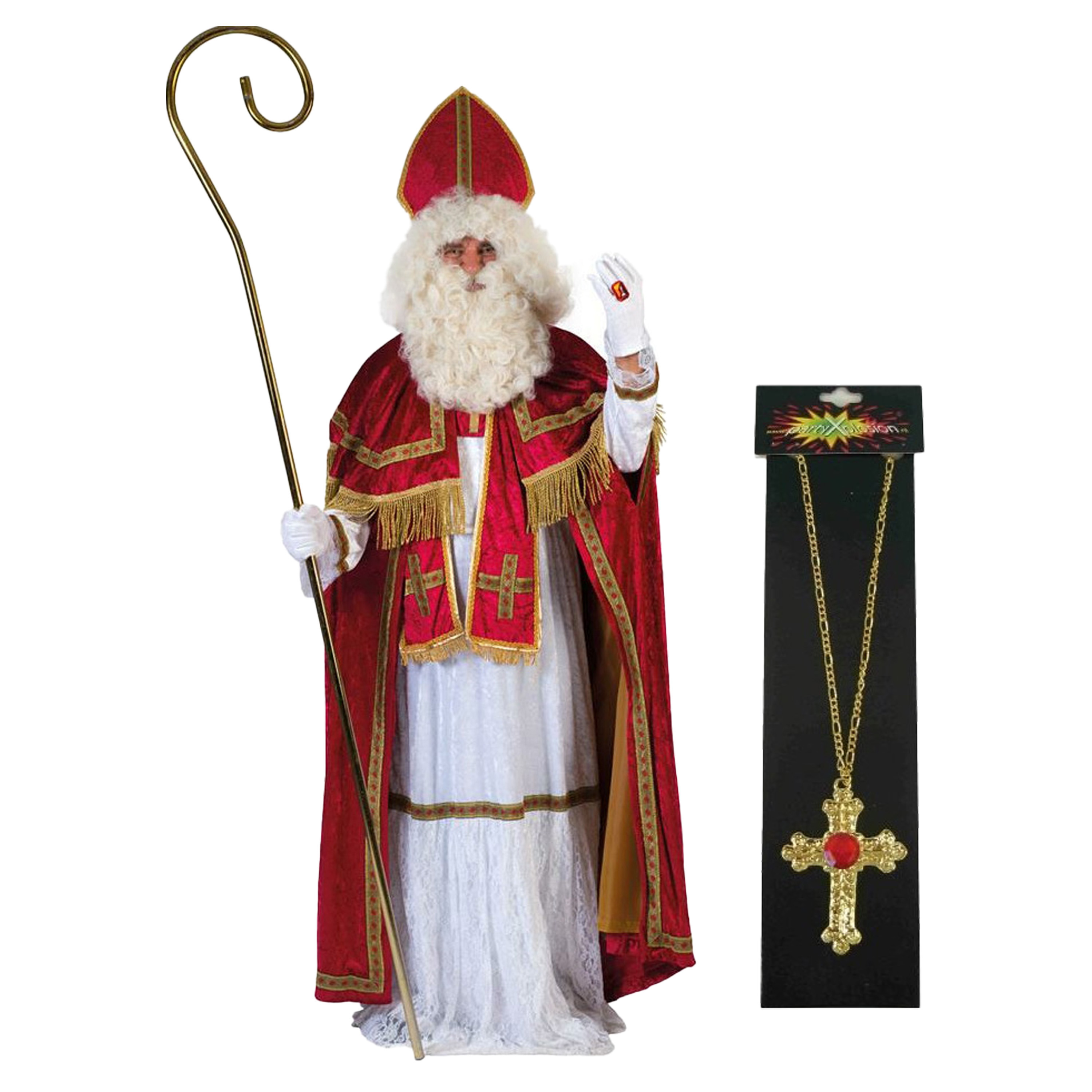 Sinterklaas kostuum - inclusief kruis ketting met rode steen