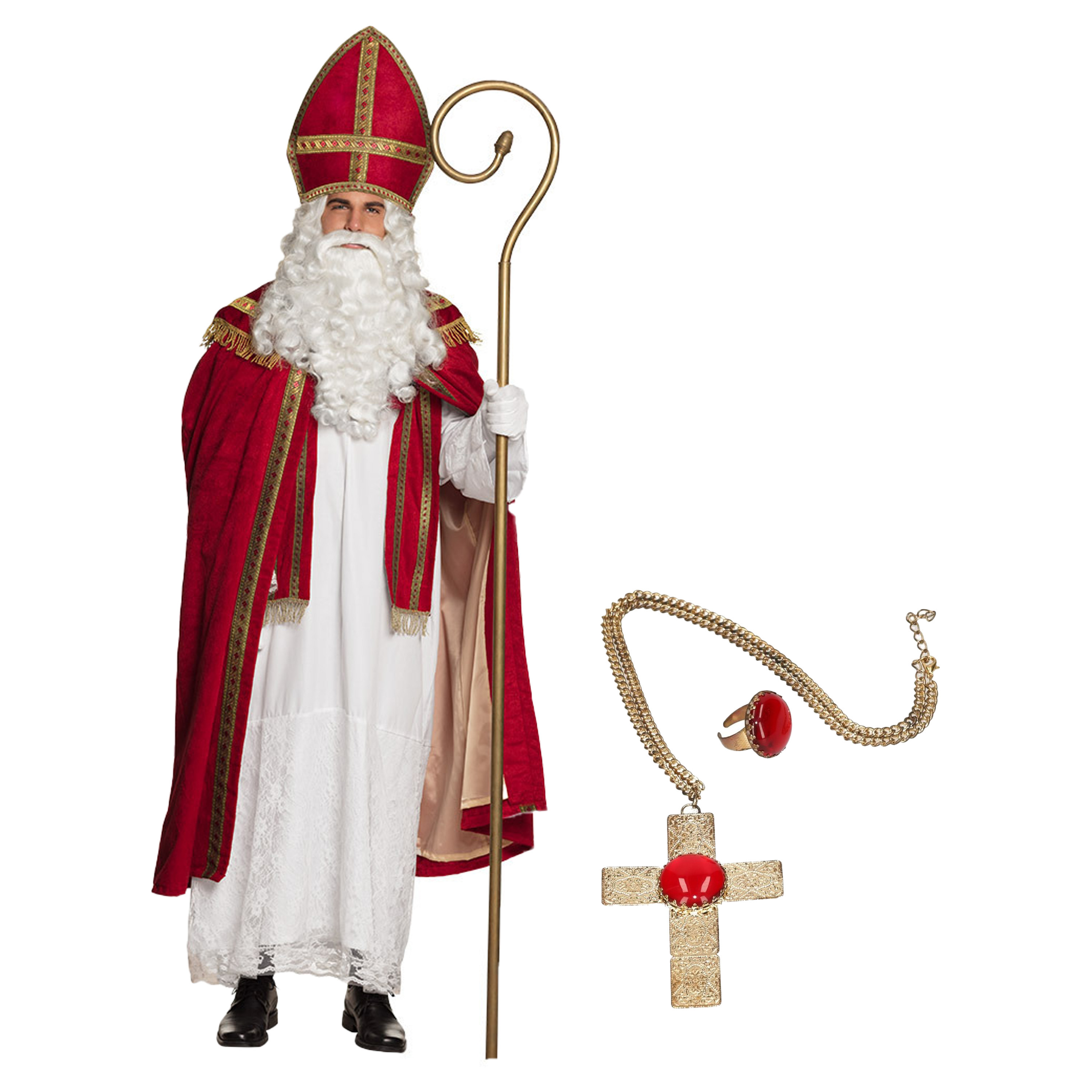 Sinterklaas kostuum - inclusief ring en kruis ketting met rode steen
