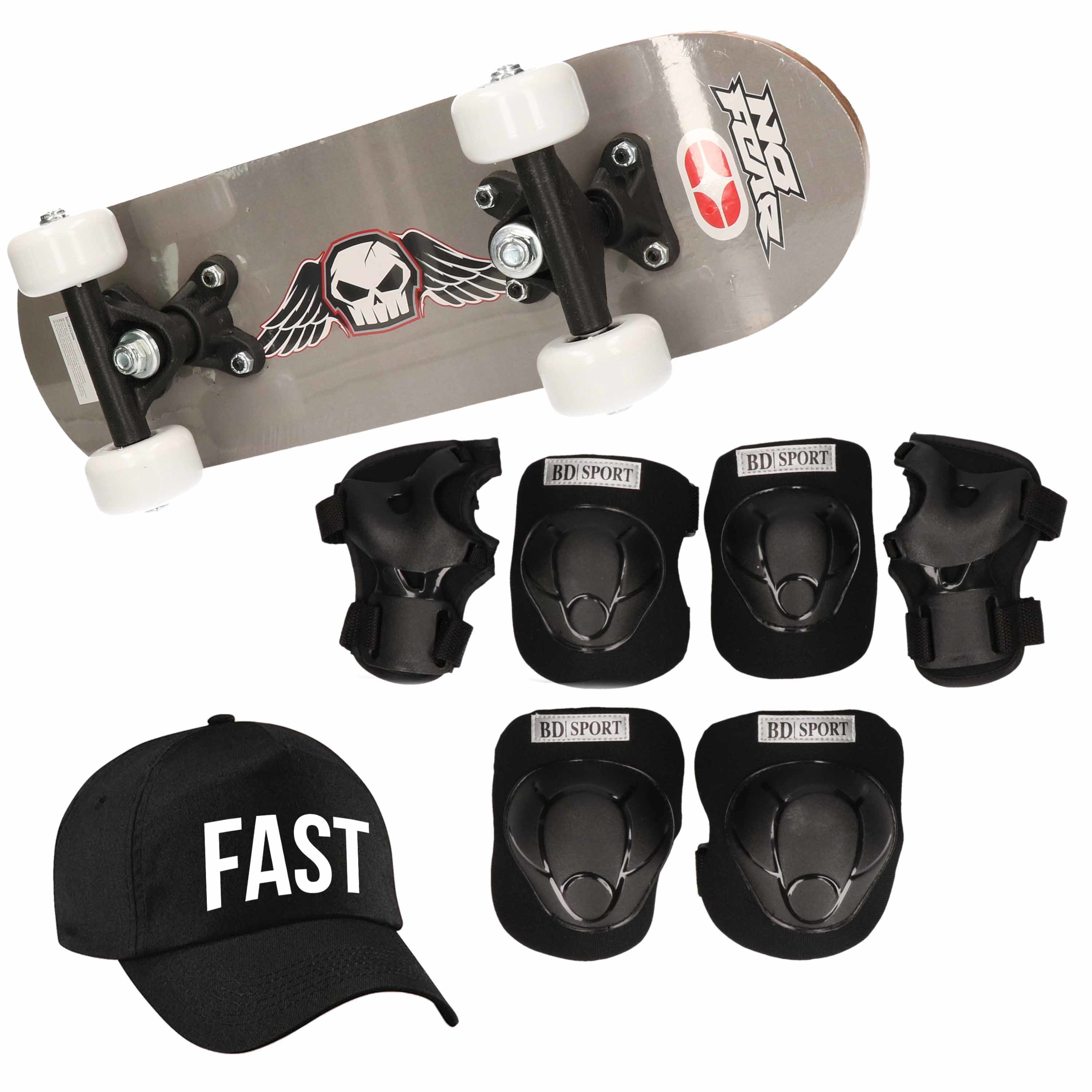Skateboard set voor kinderen L 9-10 jaar-valbescherming-fast pet-skateboard met print 43 cm grijs