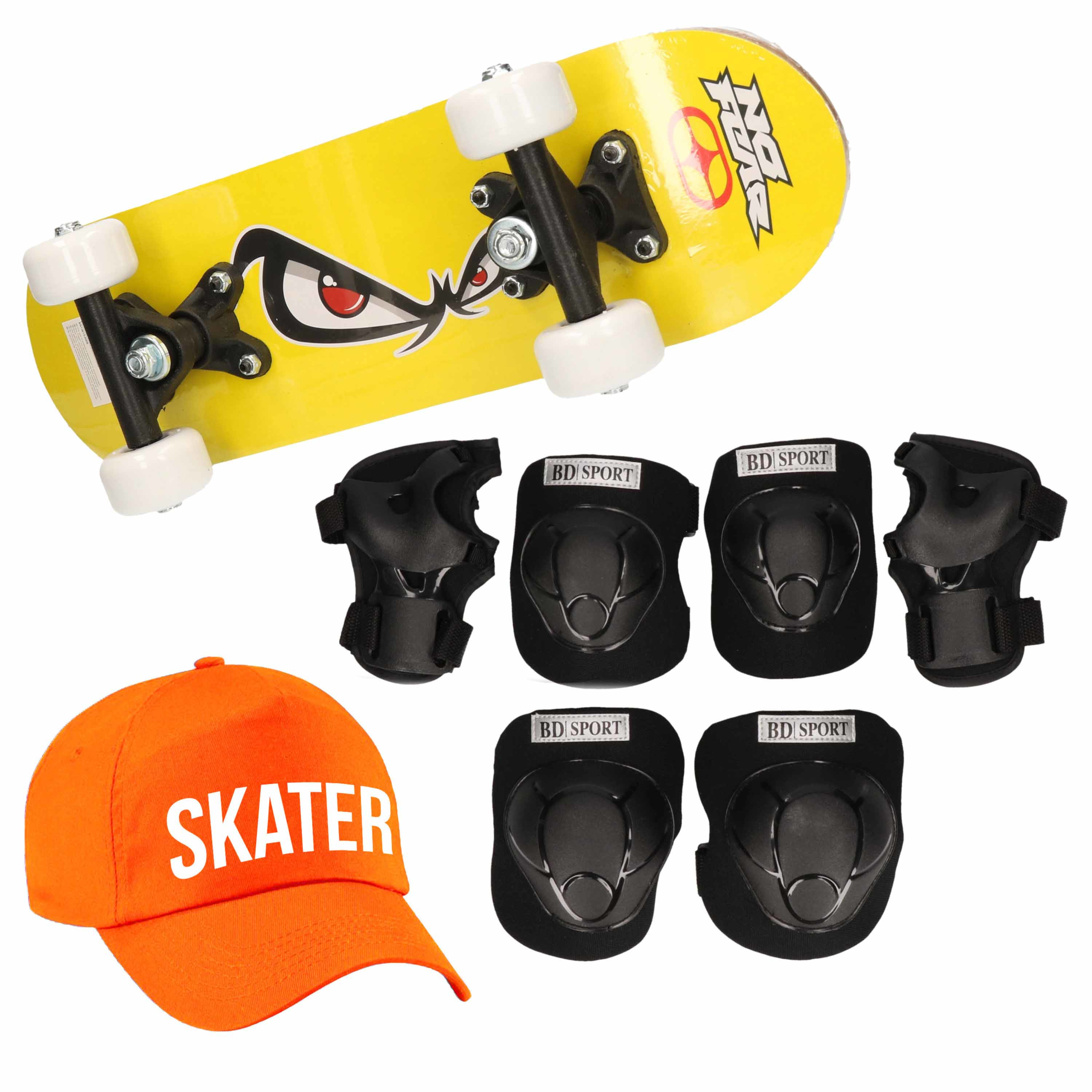Skateboard set voor kinderen L 9-10 jaar-valbescherming-skater pet-skateboard met print 43 cm geel