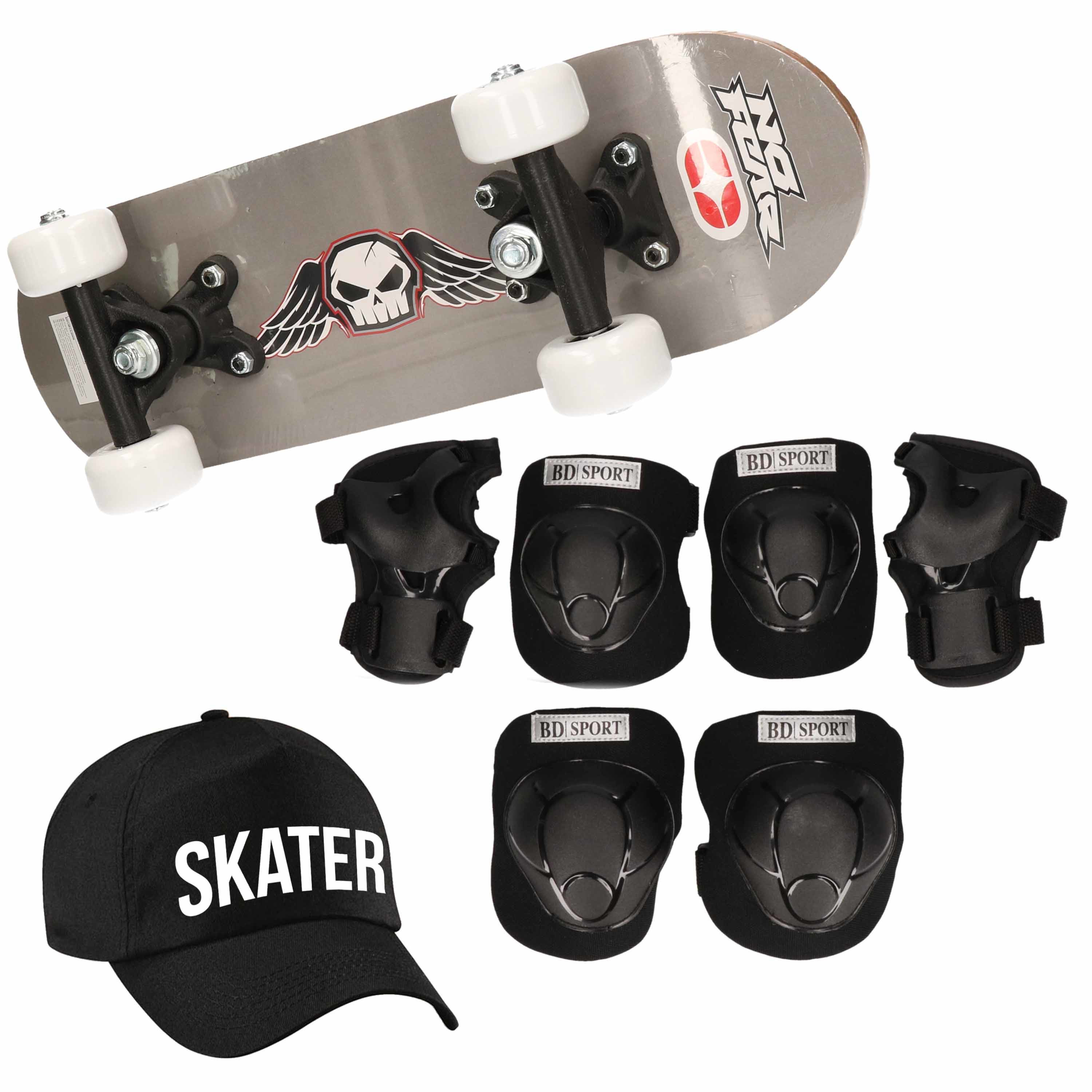 Skateboard set voor kinderen L 9-10 jaar-valbescherming-skater pet-skateboard met print 43 cm grijs