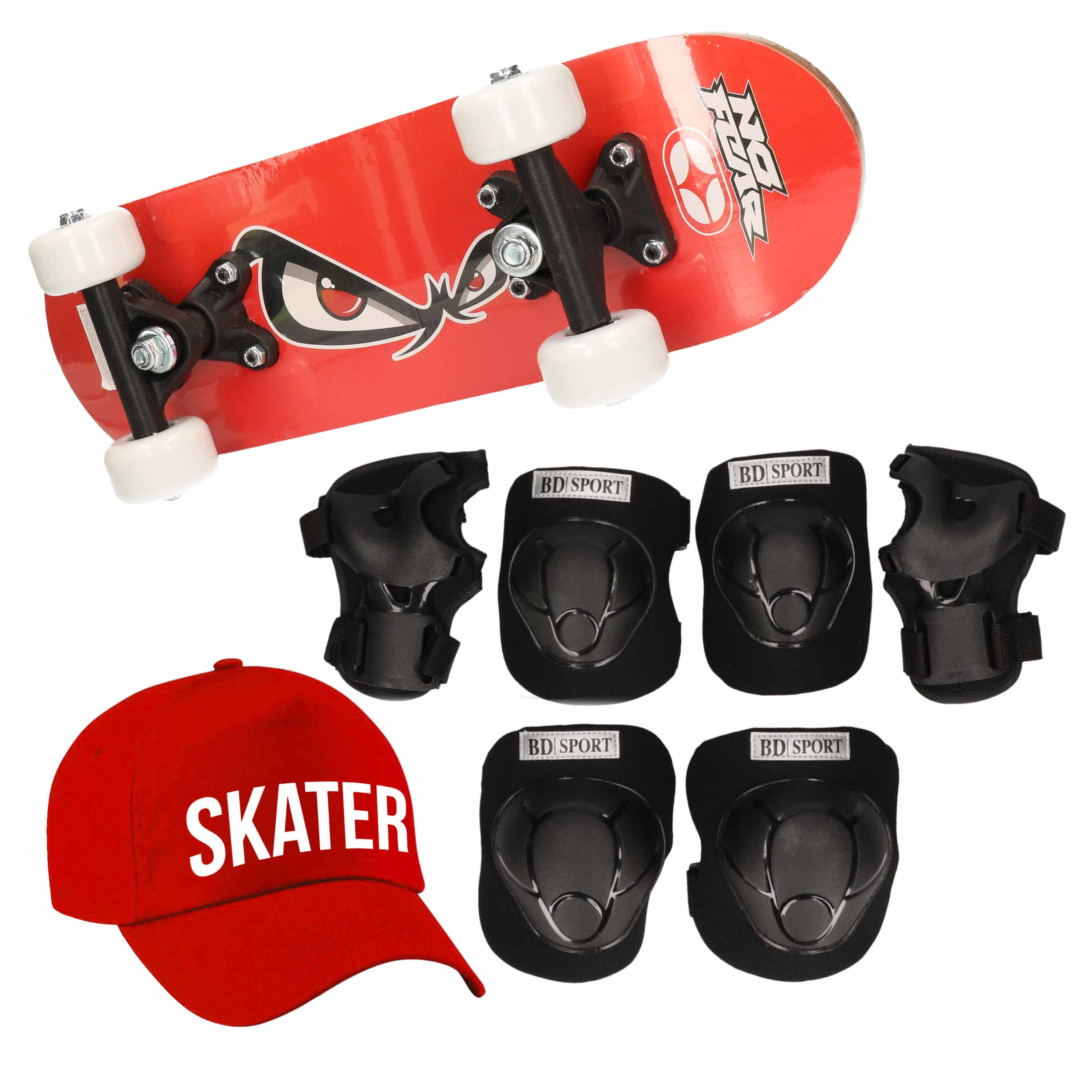 Skateboard set voor kinderen L 9-10 jaar-valbescherming-skater pet-skateboard met print 43 cm rood