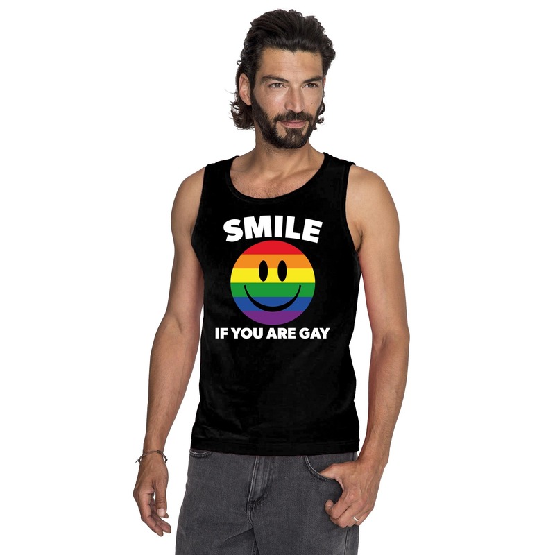 Smile if you are gay emoticon tanktop- singlet shirt zwart heren