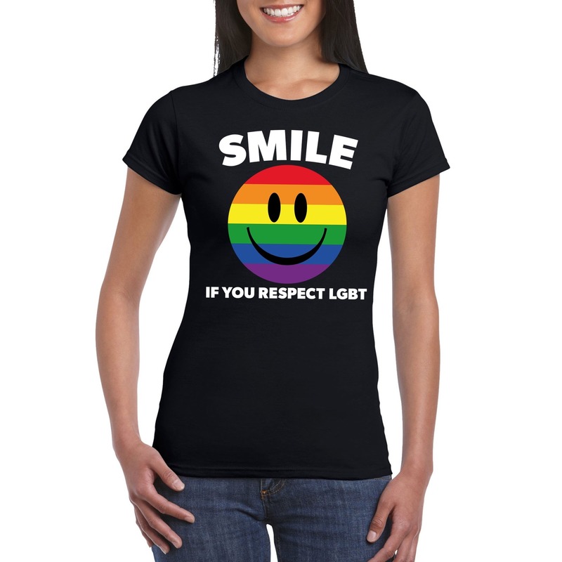 Smile if you respect LGBT emoticon shirt zwart dames