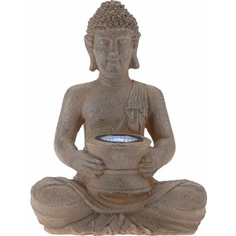 Solar lamp boeddha beeld bruin-grijs 28 cm