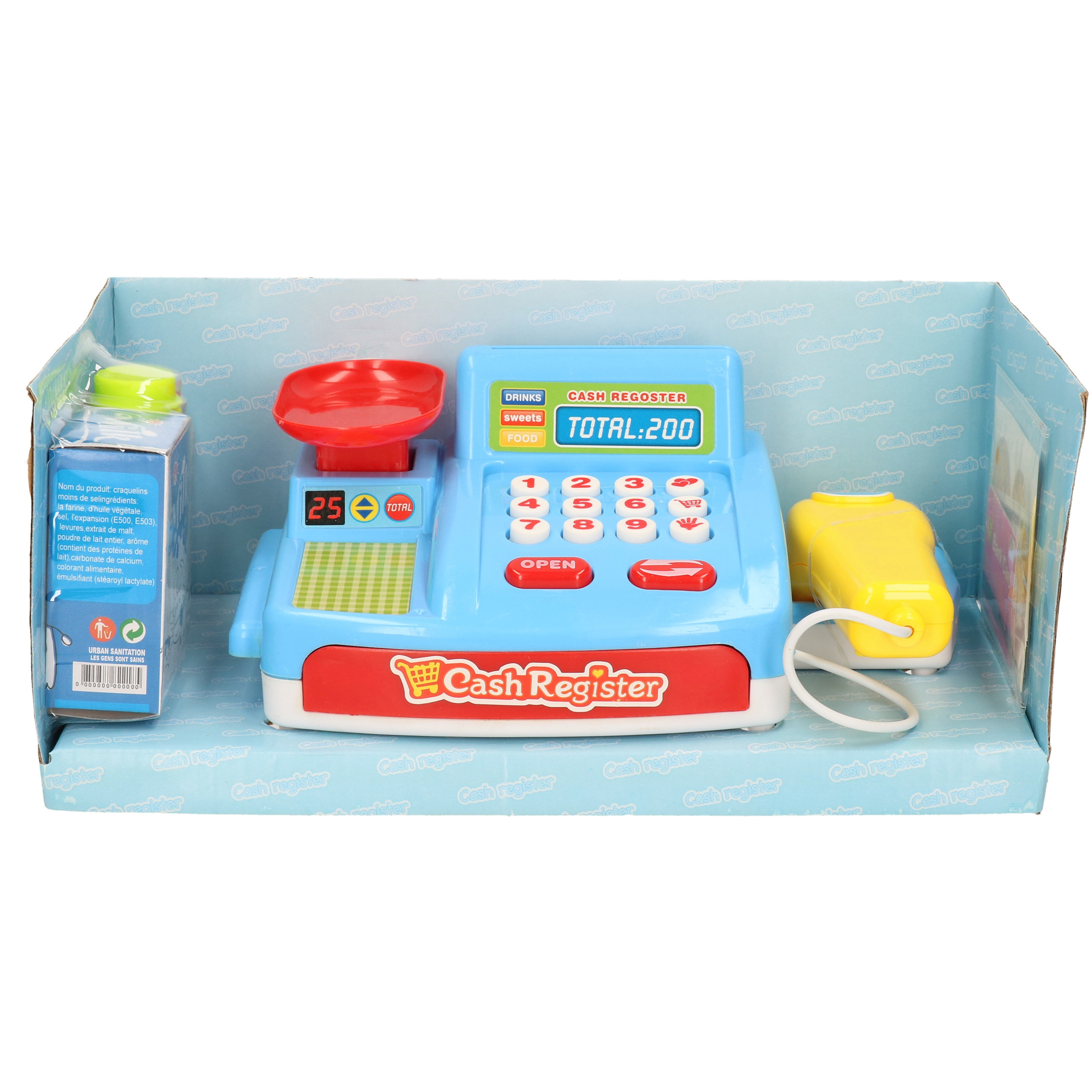 Speelgoed kassa blauw met boodschappen voor kinderen