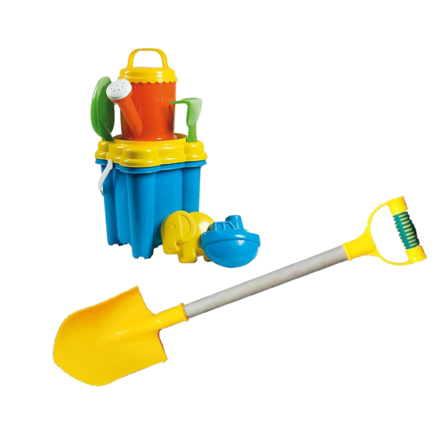 Strand-zandbak speelgoed emmer met vormpjes en kleine schepjes + grote zandschep van 55 cm