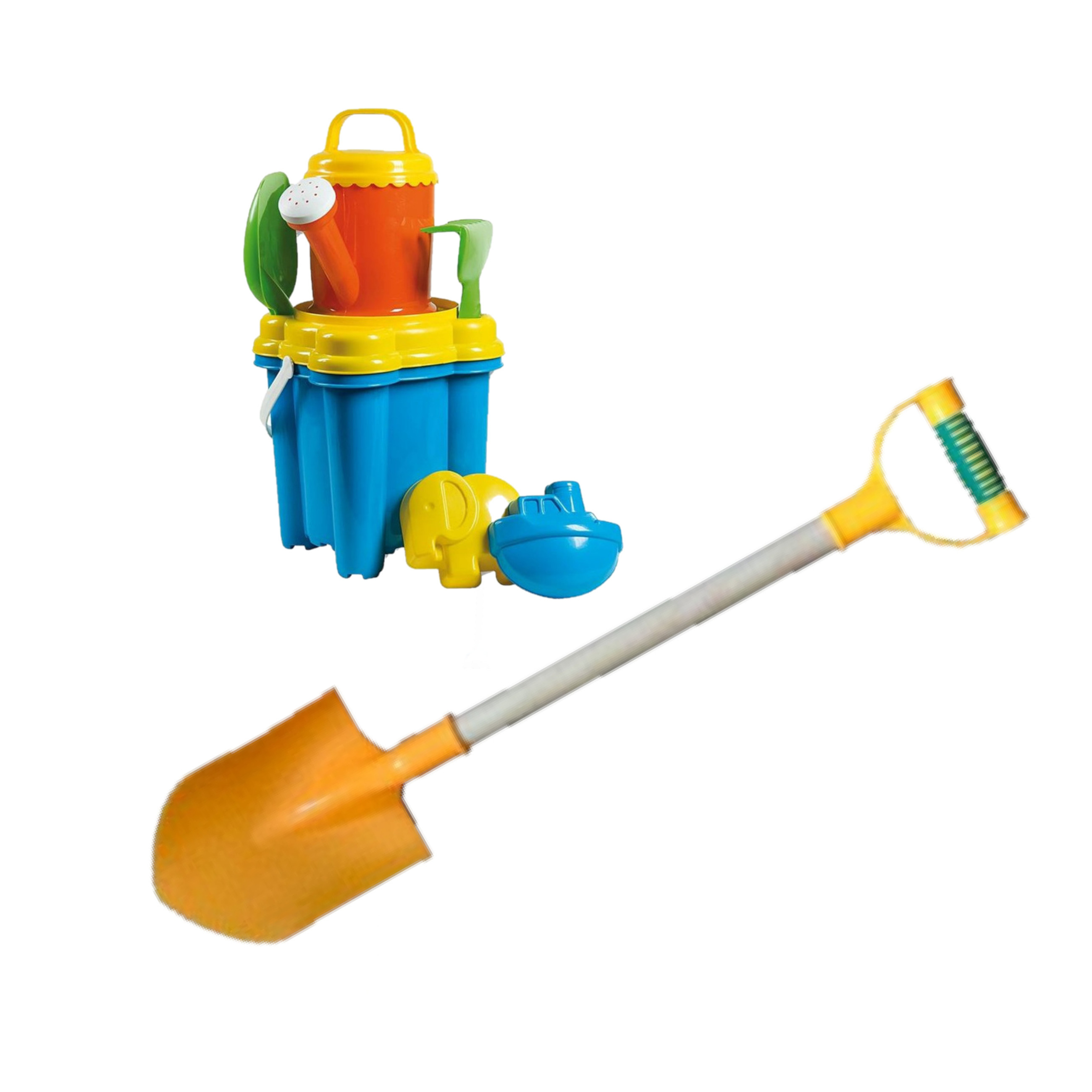 Strand-zandbak speelgoed emmer met vormpjes en kleine schepjes + grote zandschep van 55 cm