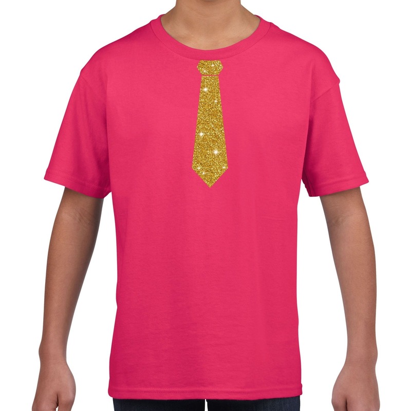 Stropdas goud glitter t-shirt roze voor kinderen
