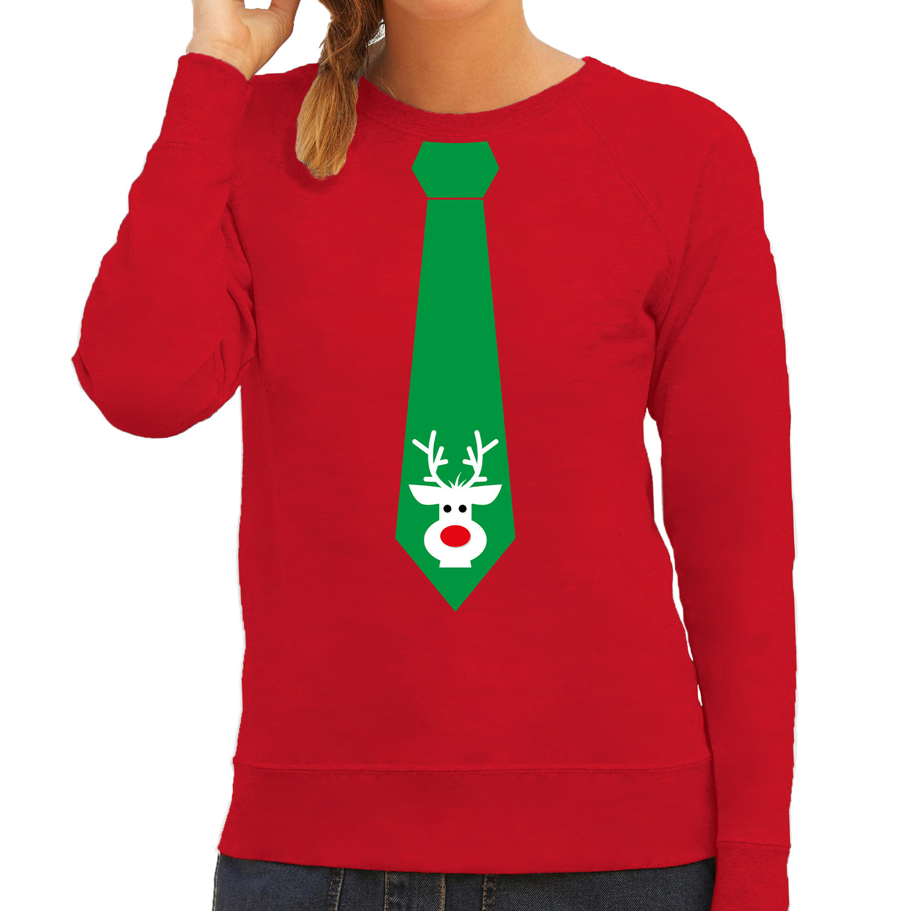 Stropdas Kersttrui-kerst sweater rendier rood voor dames