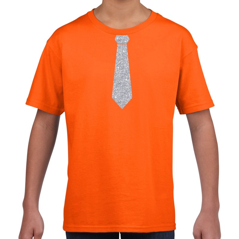 Stropdas zilver glitter t-shirt oranje voor kinderen