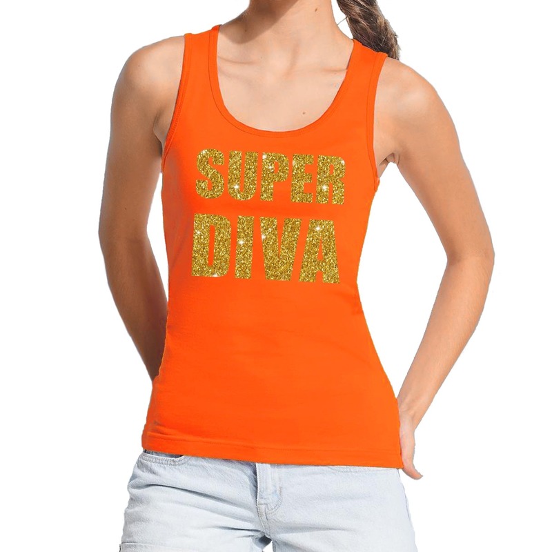 Super Diva glitter tekst tanktop-mouwloos shirt oranje dames