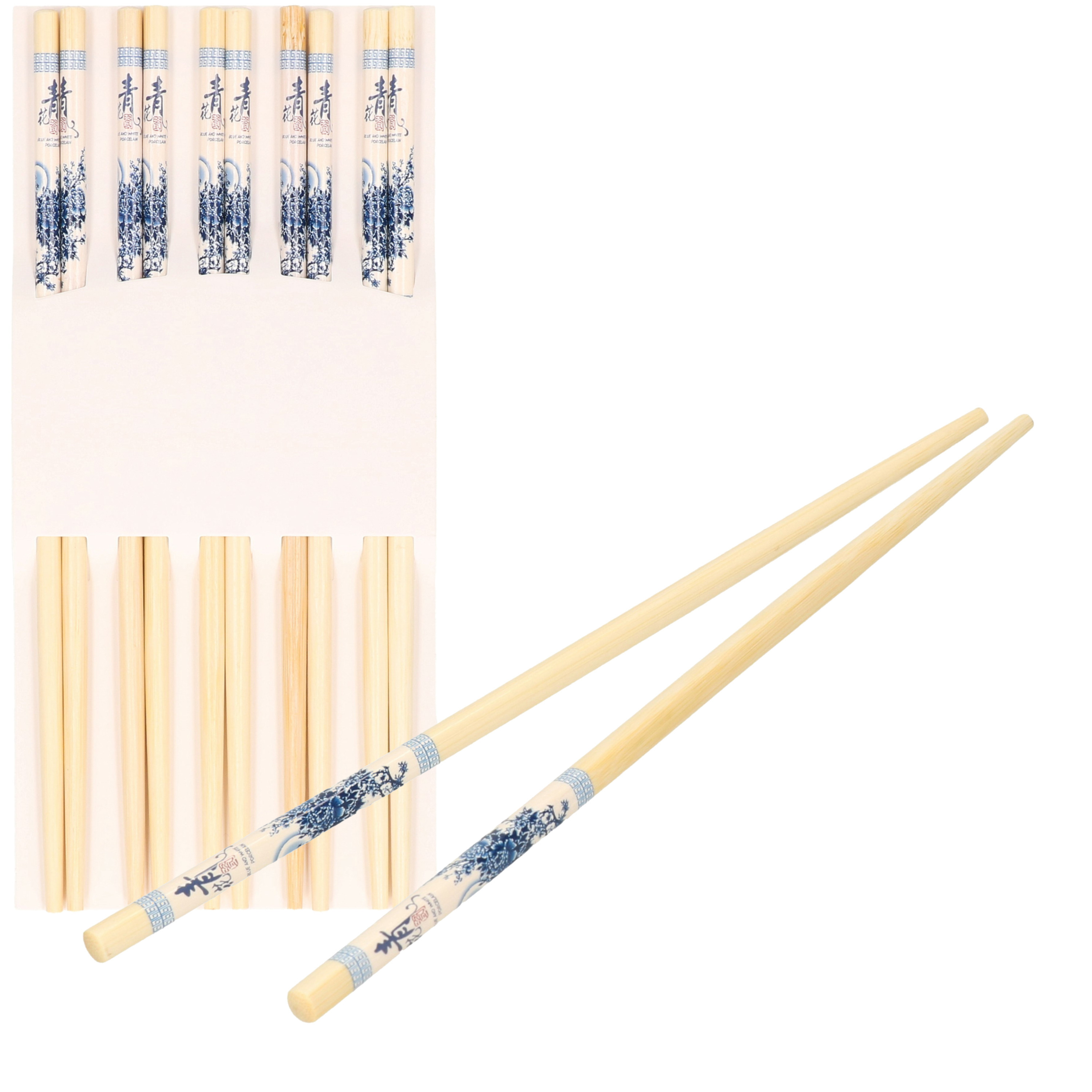 Sushi eetstokjes 5x setjes bamboe hout blauwe print 24 cm