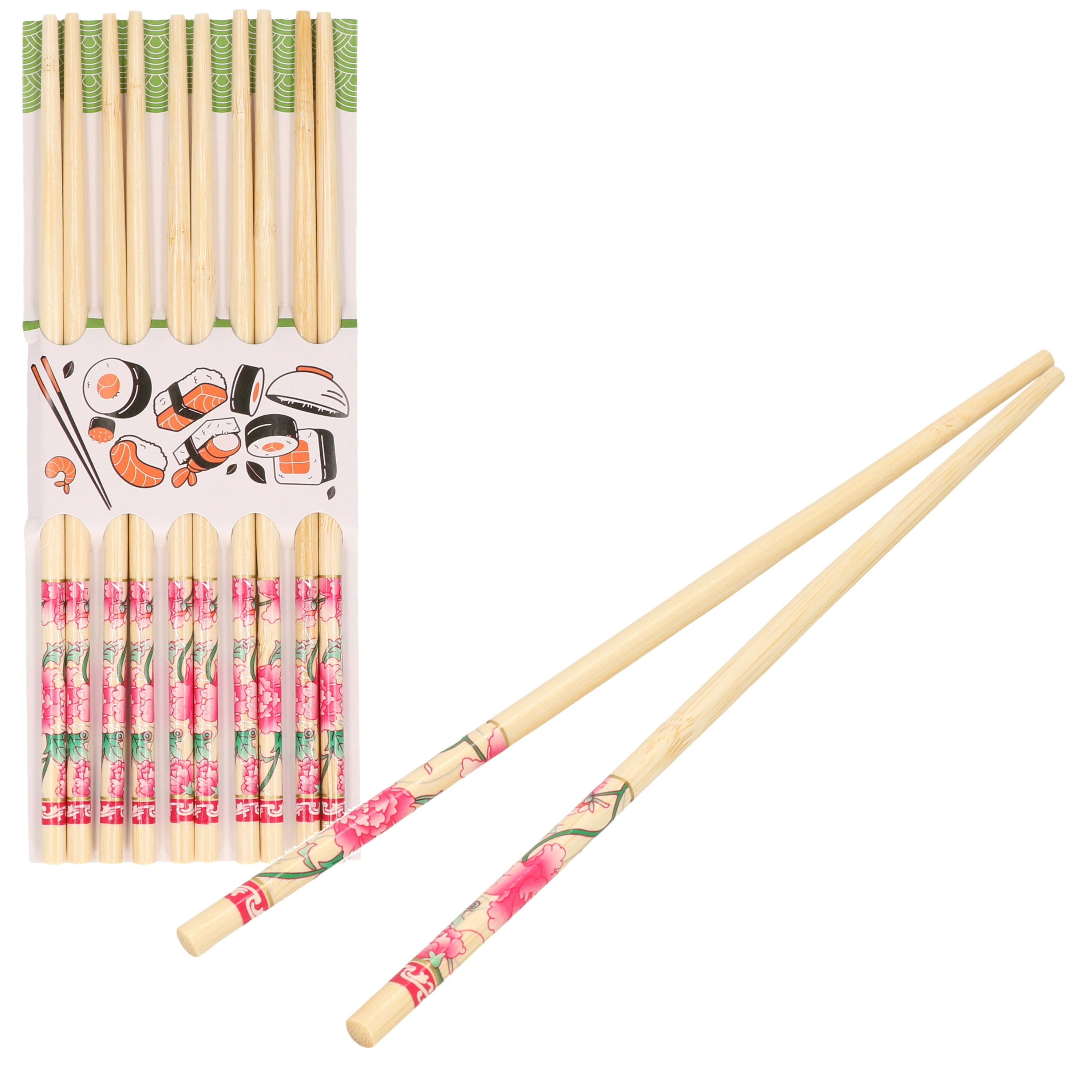 Sushi eetstokjes 5x setjes bamboe hout roze bloemen print 24 cm