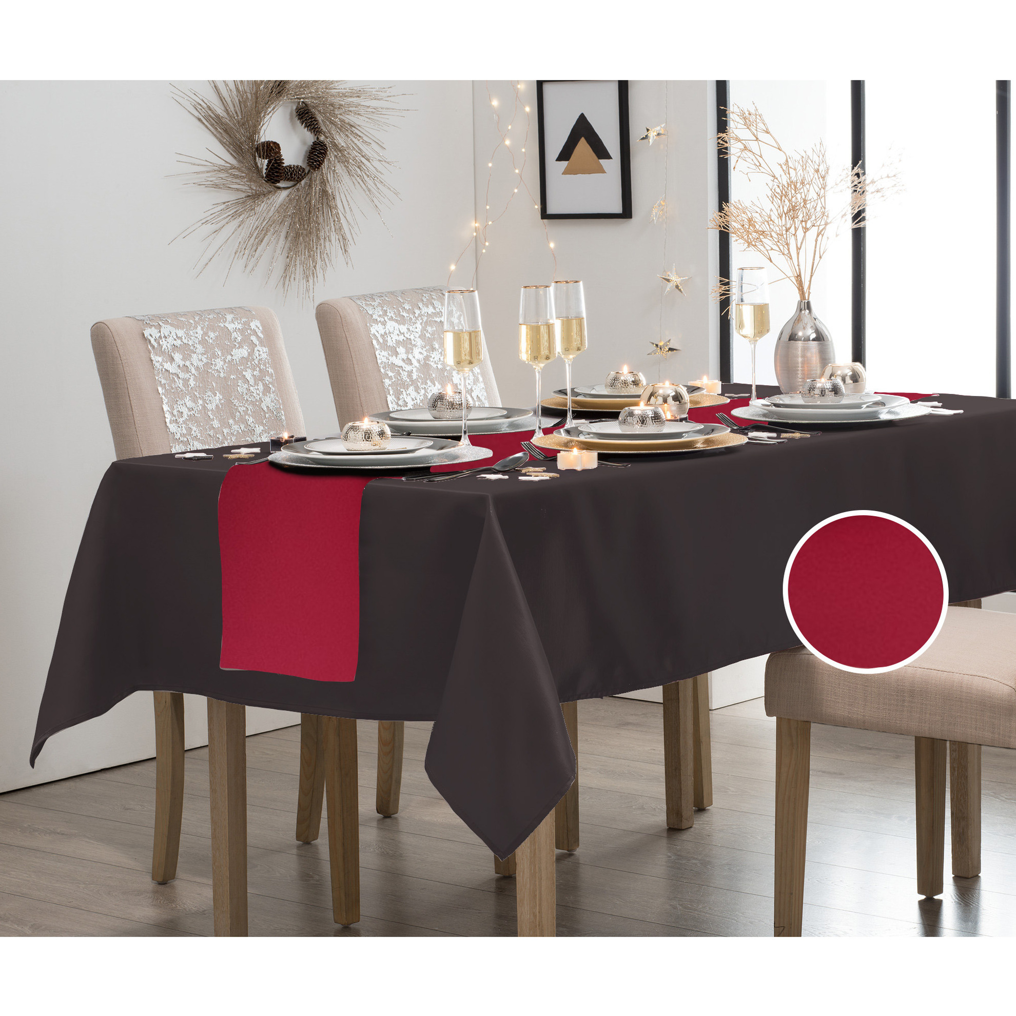 Atmosphera Tafelkleed/tafellaken zwart polyester 140 x 240 cm met tafelloper rood