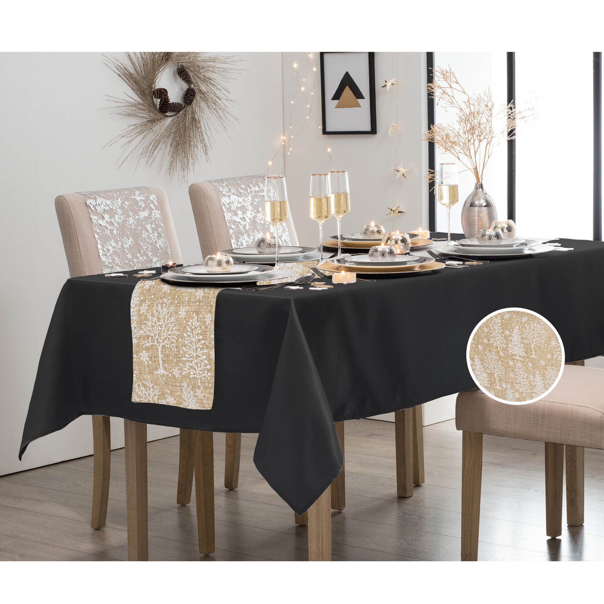 Tafelkleed/tafellaken zwart polyester 140 x 240cm met kerst tafelloper -