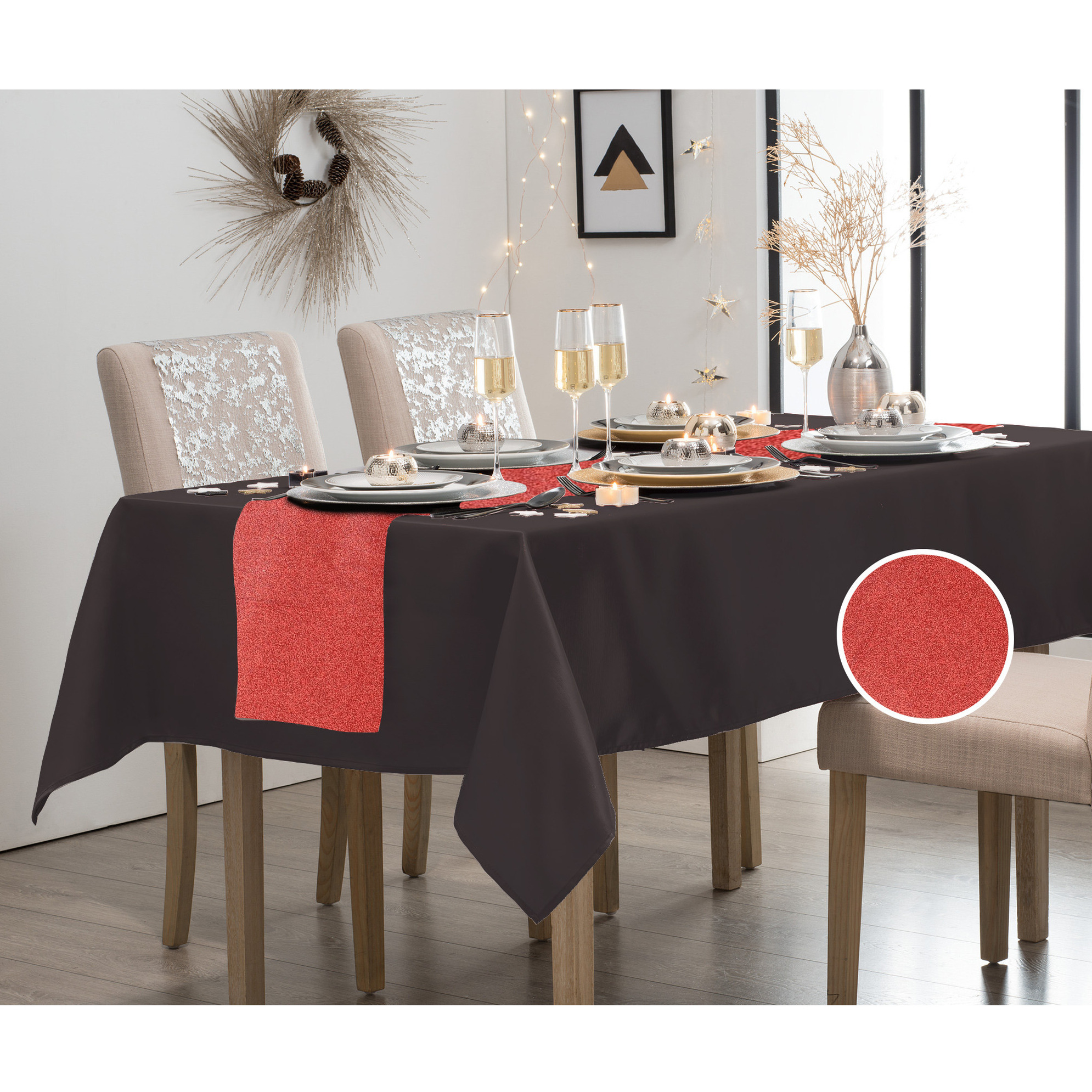Tafelkleed/tafellaken zwart polyester 140 x 240cm met tafelloper rood -