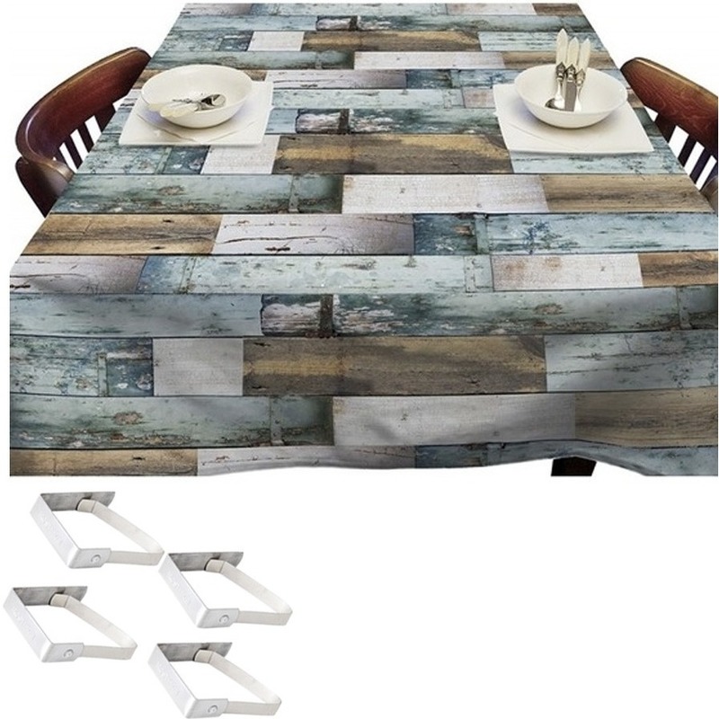 Tafelkleed-tafelzeil blauwe planken 140 x 250 cm met 4 klemmen