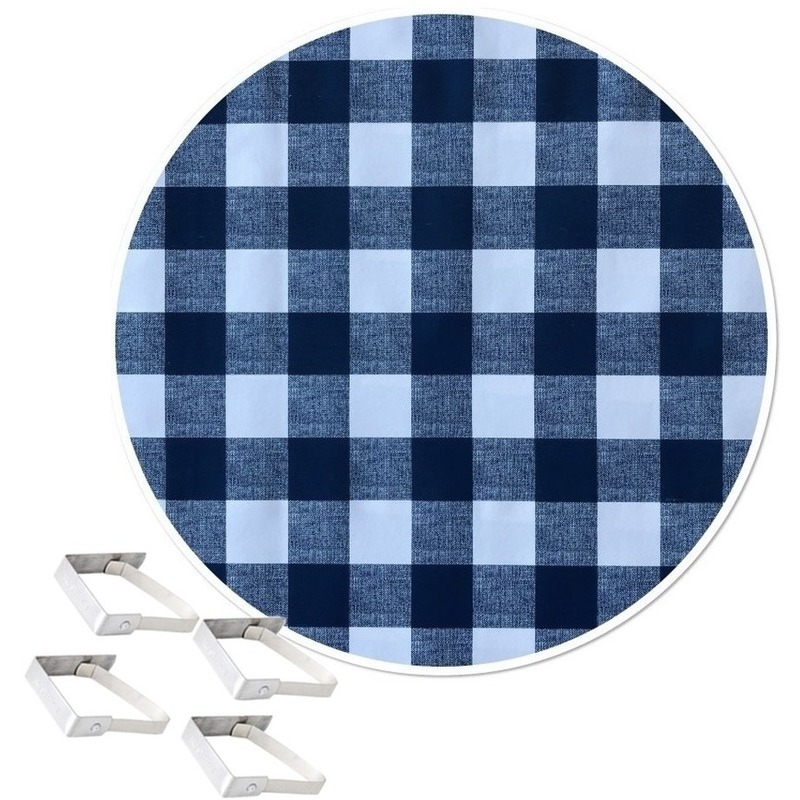 Tafelkleed-tafelzeil boeren ruit blauw 160 cm rond met 4 klemmen