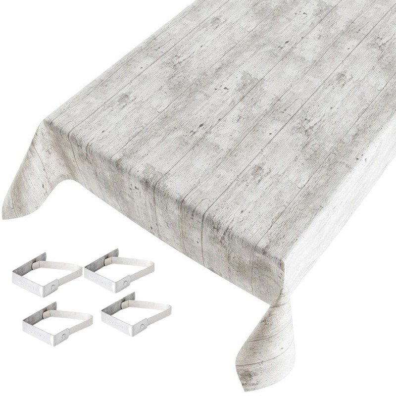 Tafelkleed-tafelzeil grijs houtprint 140 x 245 cm met 4 klemmen
