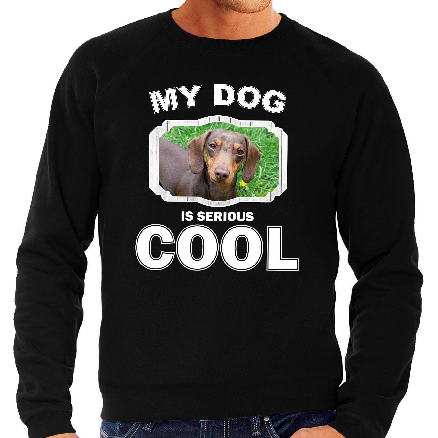 Teckel honden sweater-trui my dog is serious cool zwart voor heren