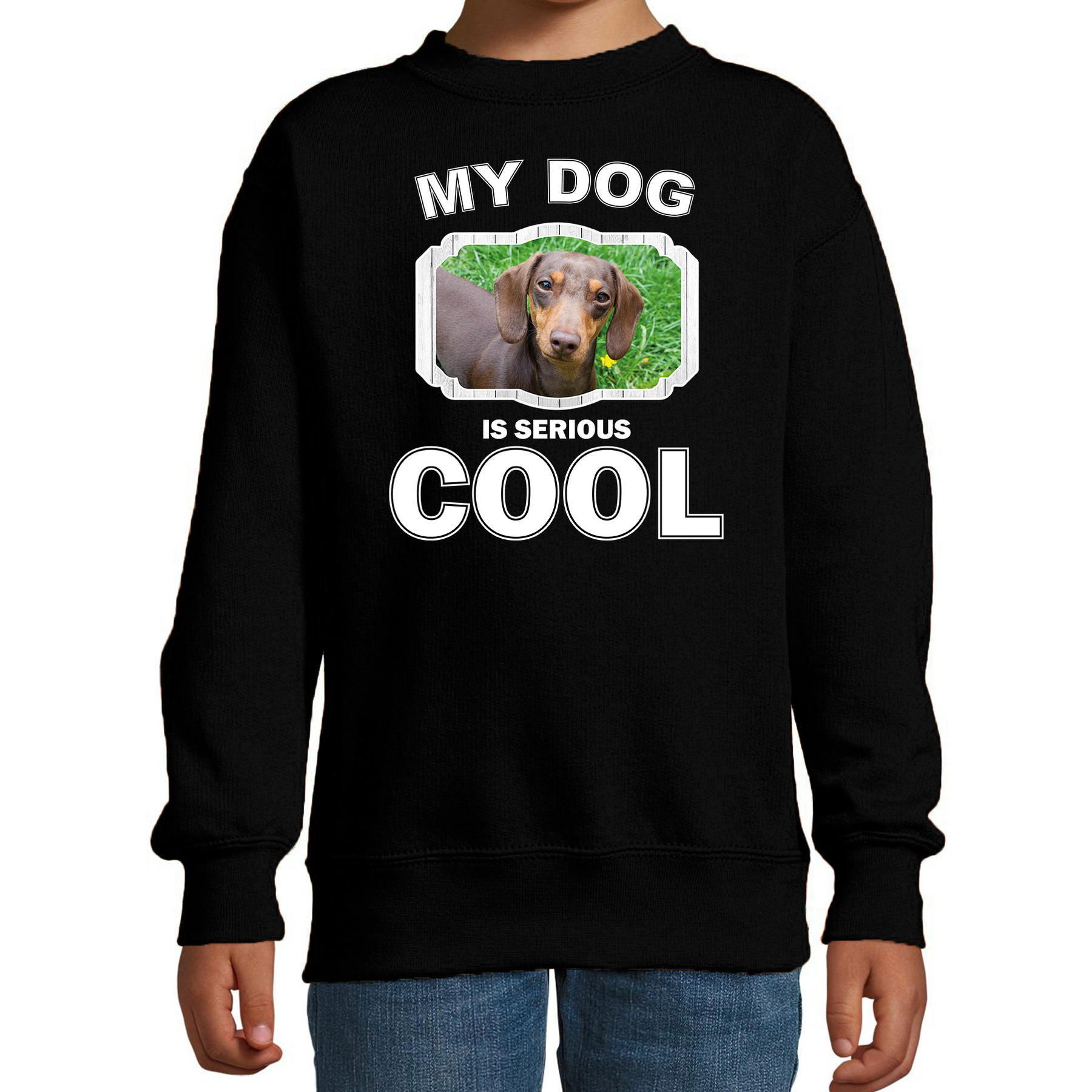 Teckel honden trui-sweater my dog is serious cool zwart voor kinderen