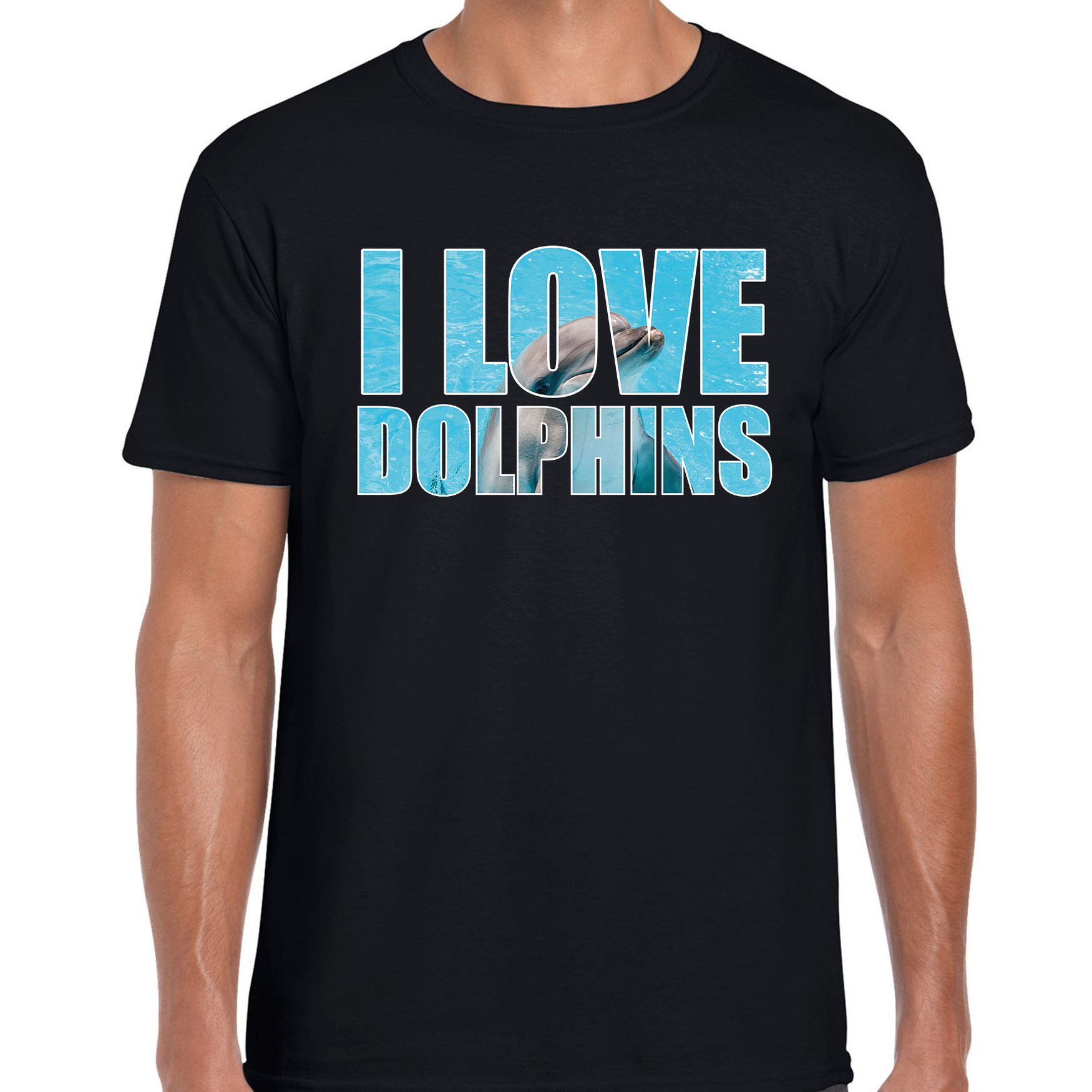 Tekst t-shirt I love dolphins met dieren foto van een dolfijn zwart voor heren