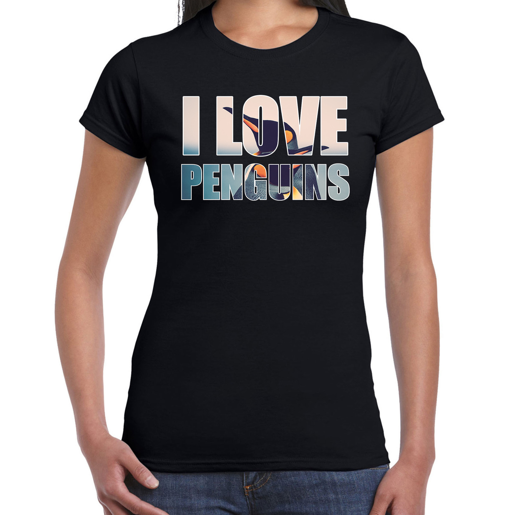 Tekst t-shirt I love penguins met dieren foto van een pinguin zwart voor dames