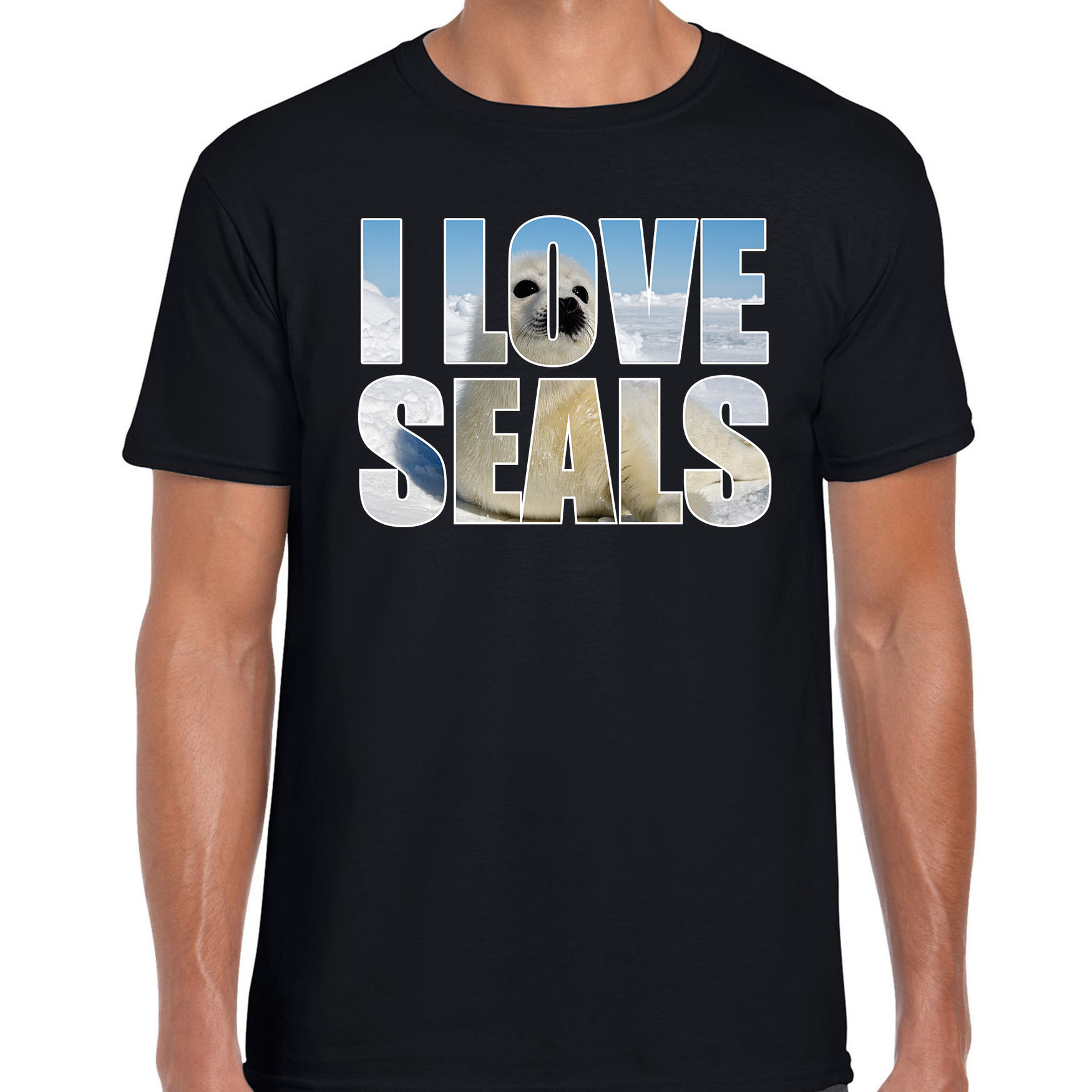 Tekst t-shirt I love seals met dieren foto van een zeehond zwart voor heren