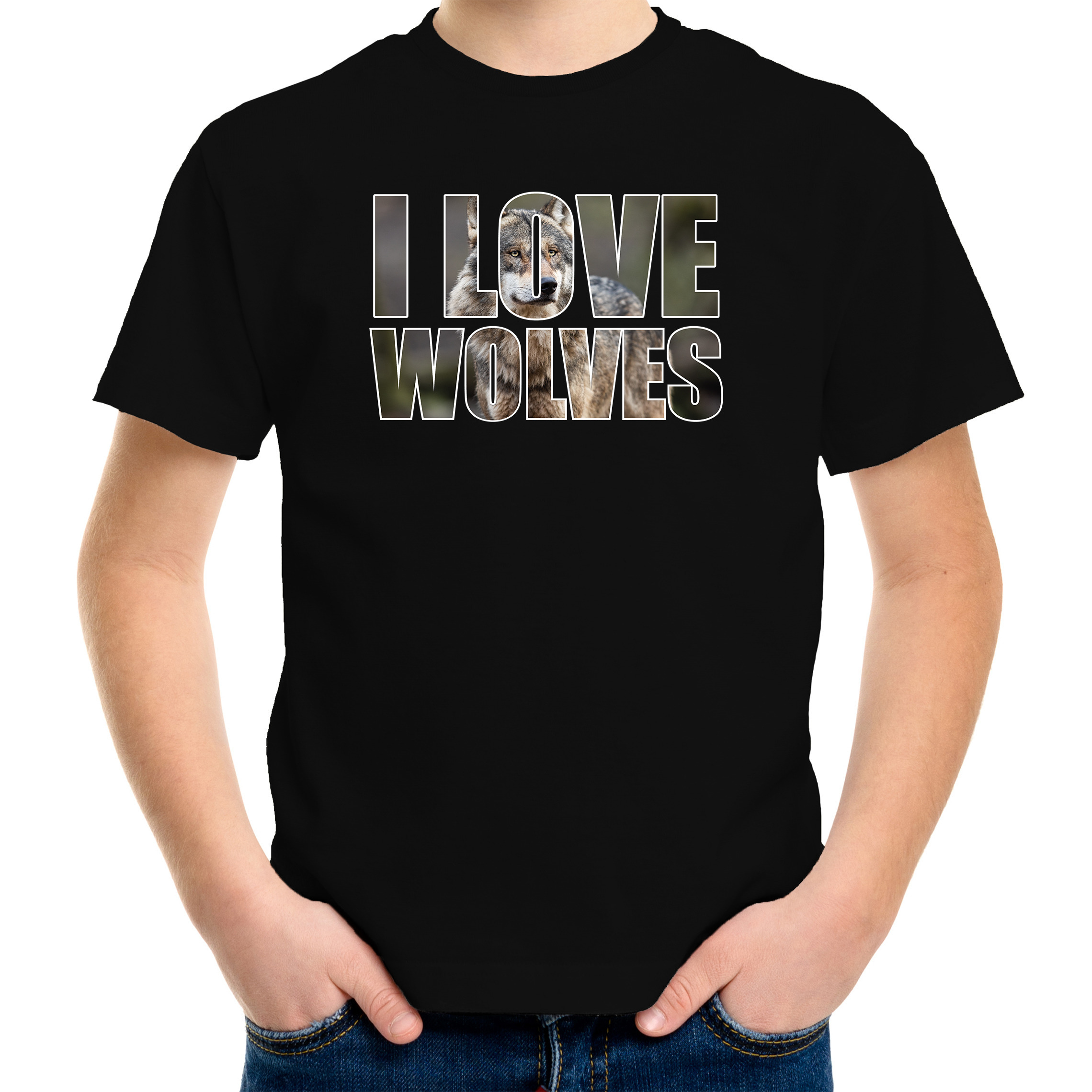 Tekst t-shirt I love wolves met dieren foto van een wolf zwart voor kinderen