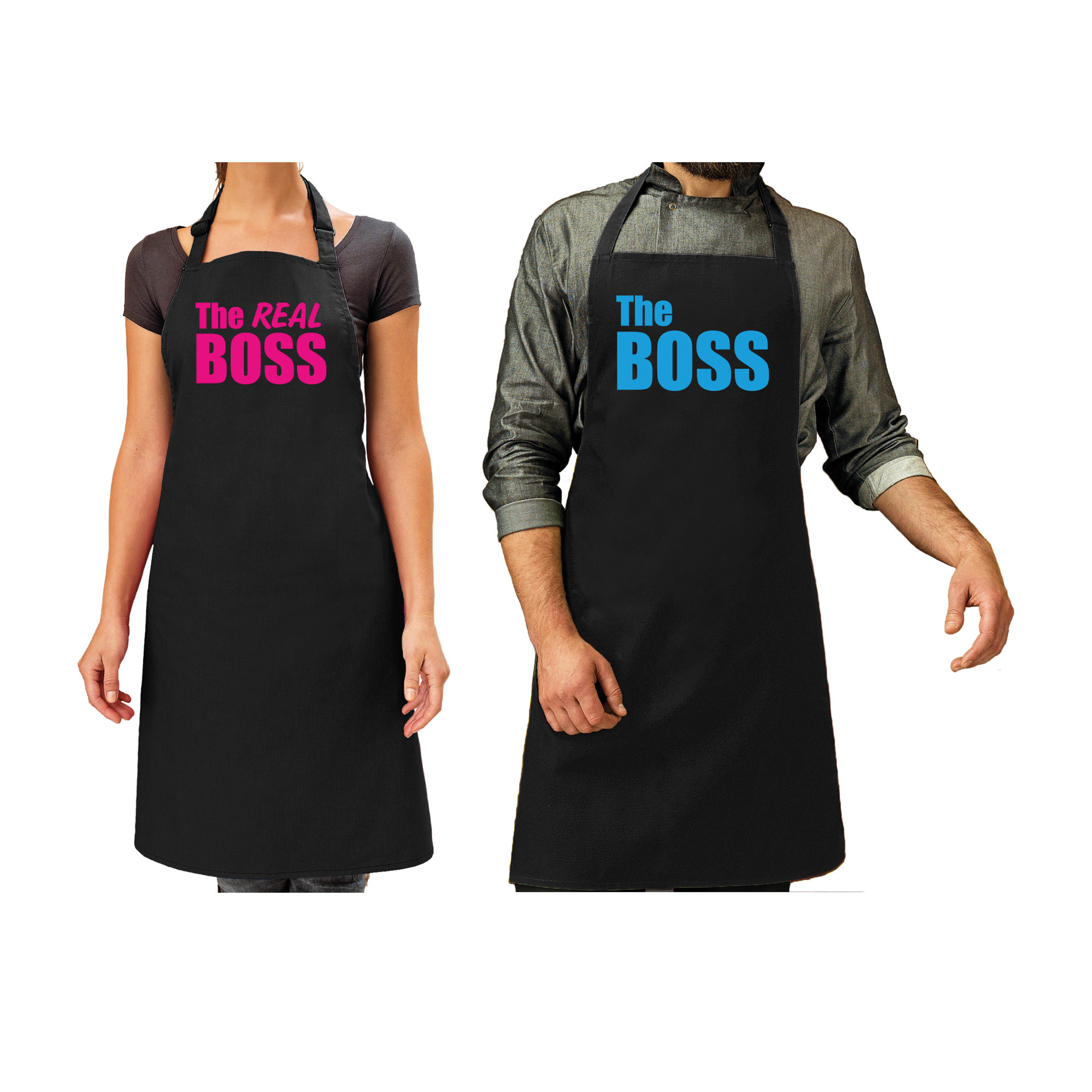 The boss en The real boss cadeau schorten set zwart en blauw/roze volwassenen - cadeau bruiloft