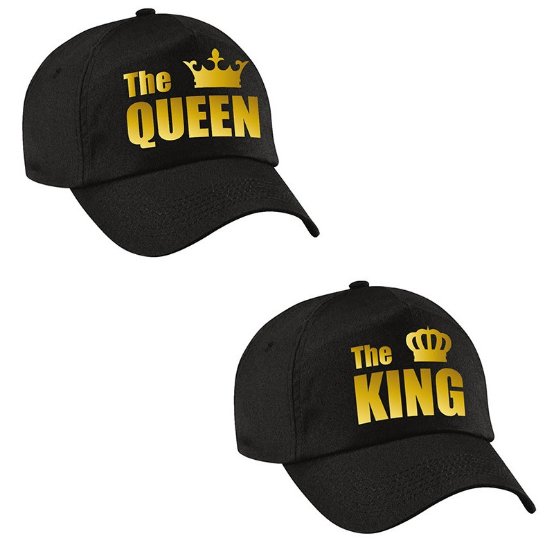 The King-The Queen petten zwart met gouden kroon voor koppels