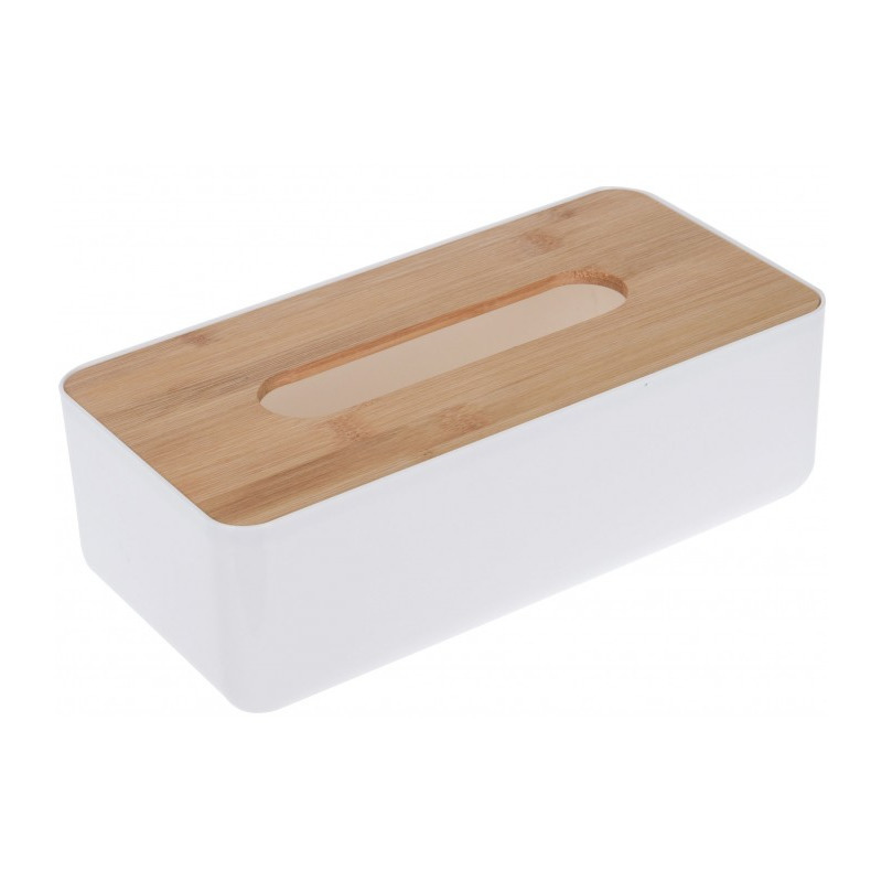 Tissuedoos-tissuebox rechthoekig van kunststof met bovenkant van bamboe hout 26 x 13 cm wit