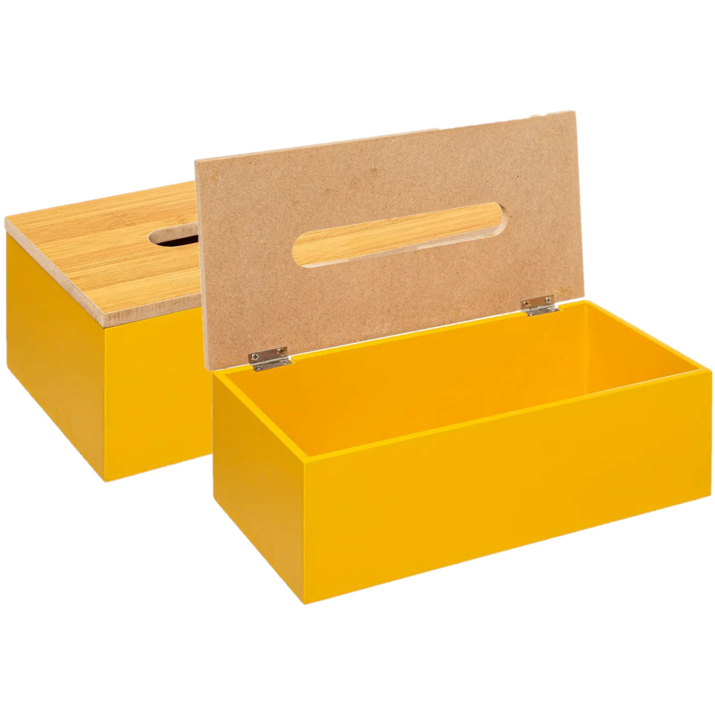 Tissuedoos-zakdoekjes box 2x geel MDF hout bamboe deksel 25 x 13 x 9 cm
