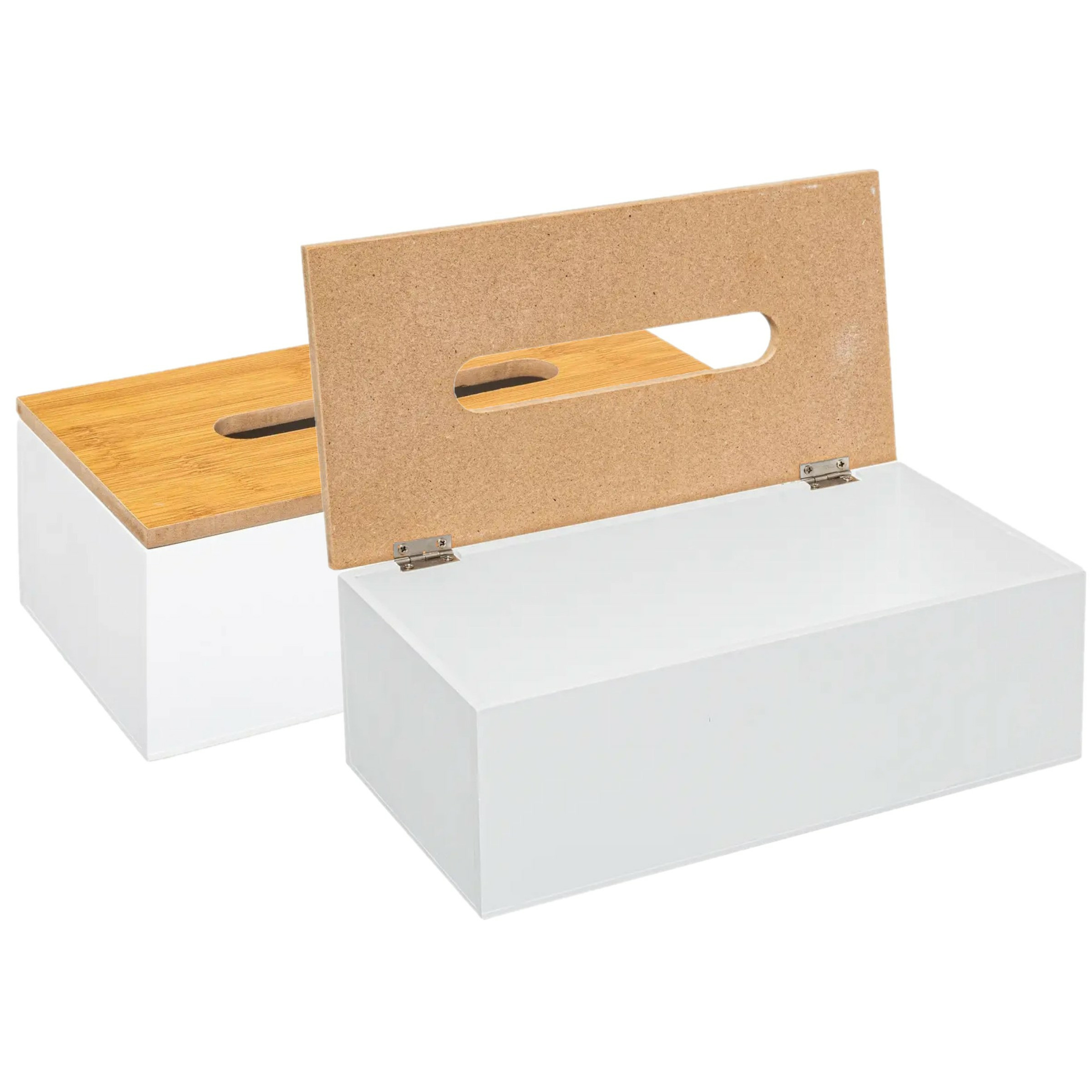 Tissuedoos-zakdoekjes box 2x wit MDF hout bamboe deksel 25 x 13 x 9 cm