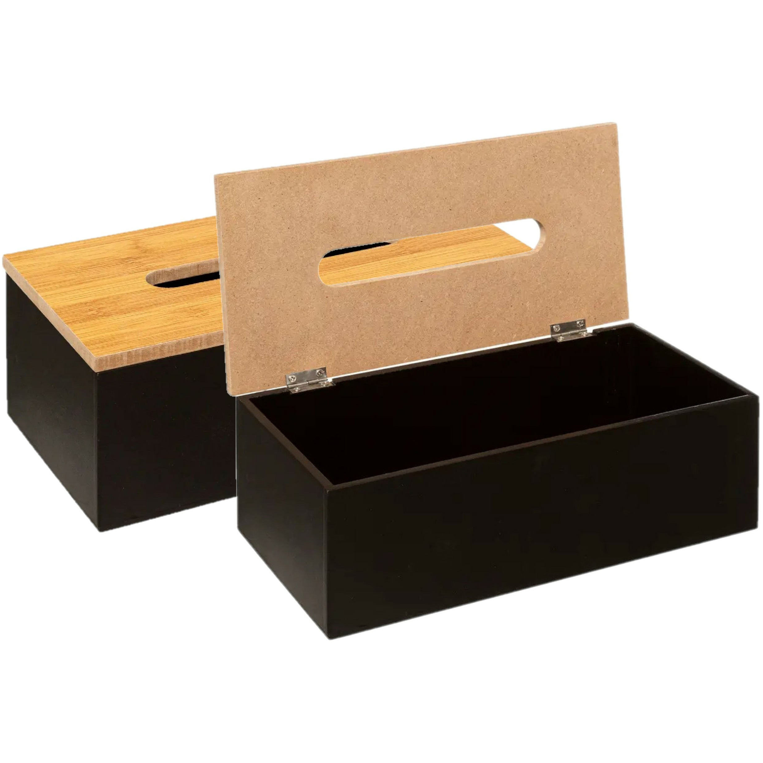 Tissuedoos-zakdoekjes box 2x zwart MDF hout bamboe deksel 25 x 13 x 9 cm