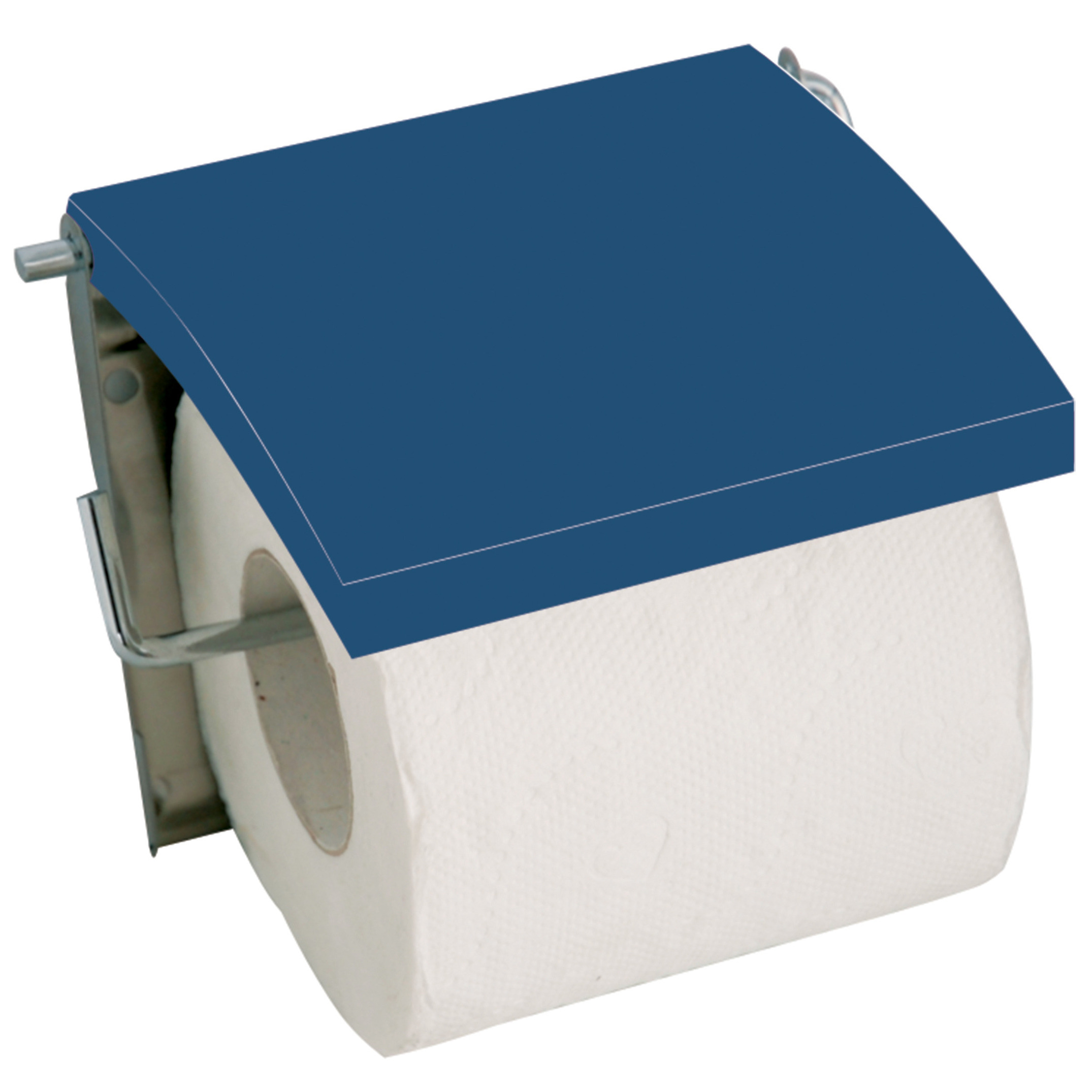 Toiletrolhouder wand-muur metaal en MDF hout klepje donkerblauw