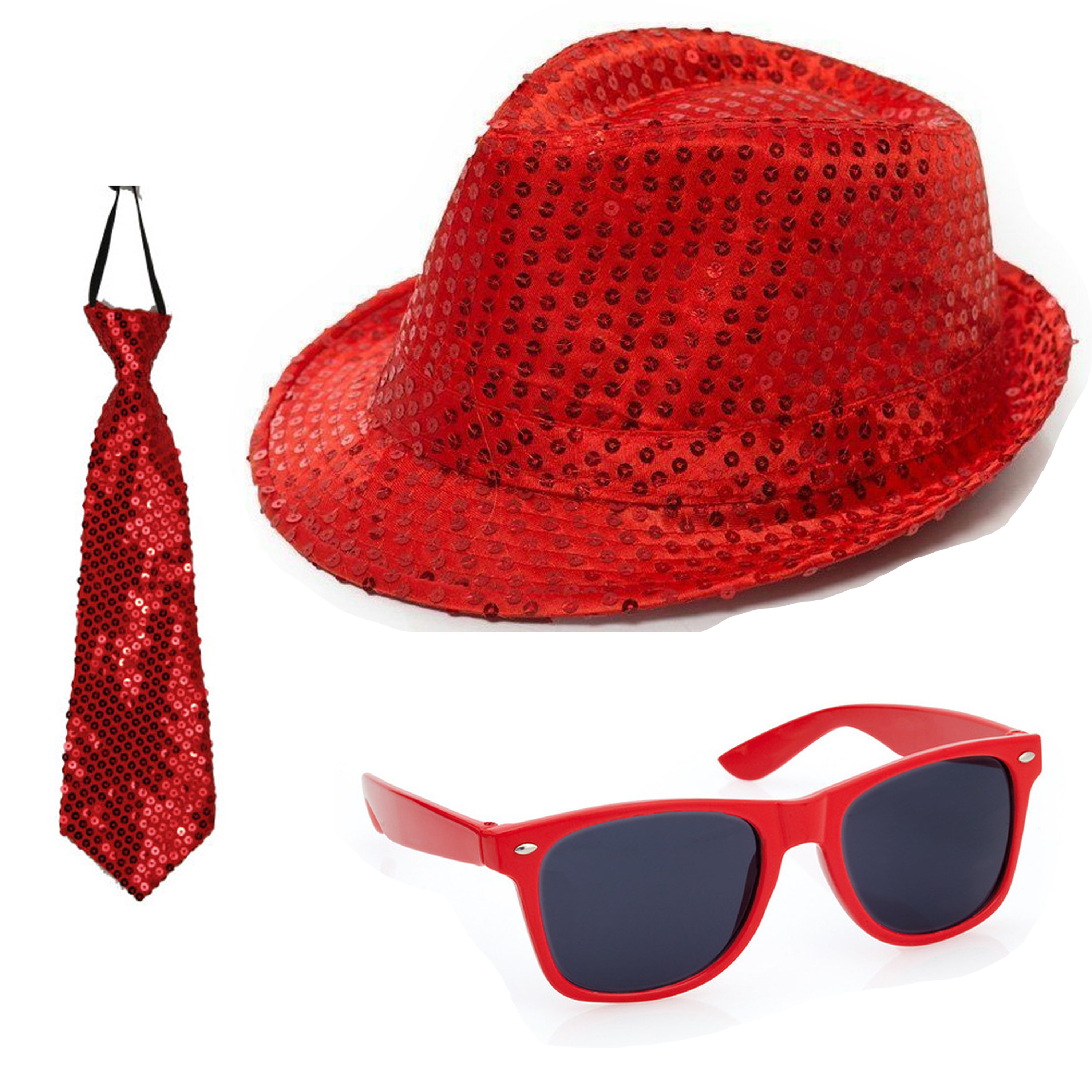 Toppers Carnaval verkleed set glitter hoed bril en stropdas rood